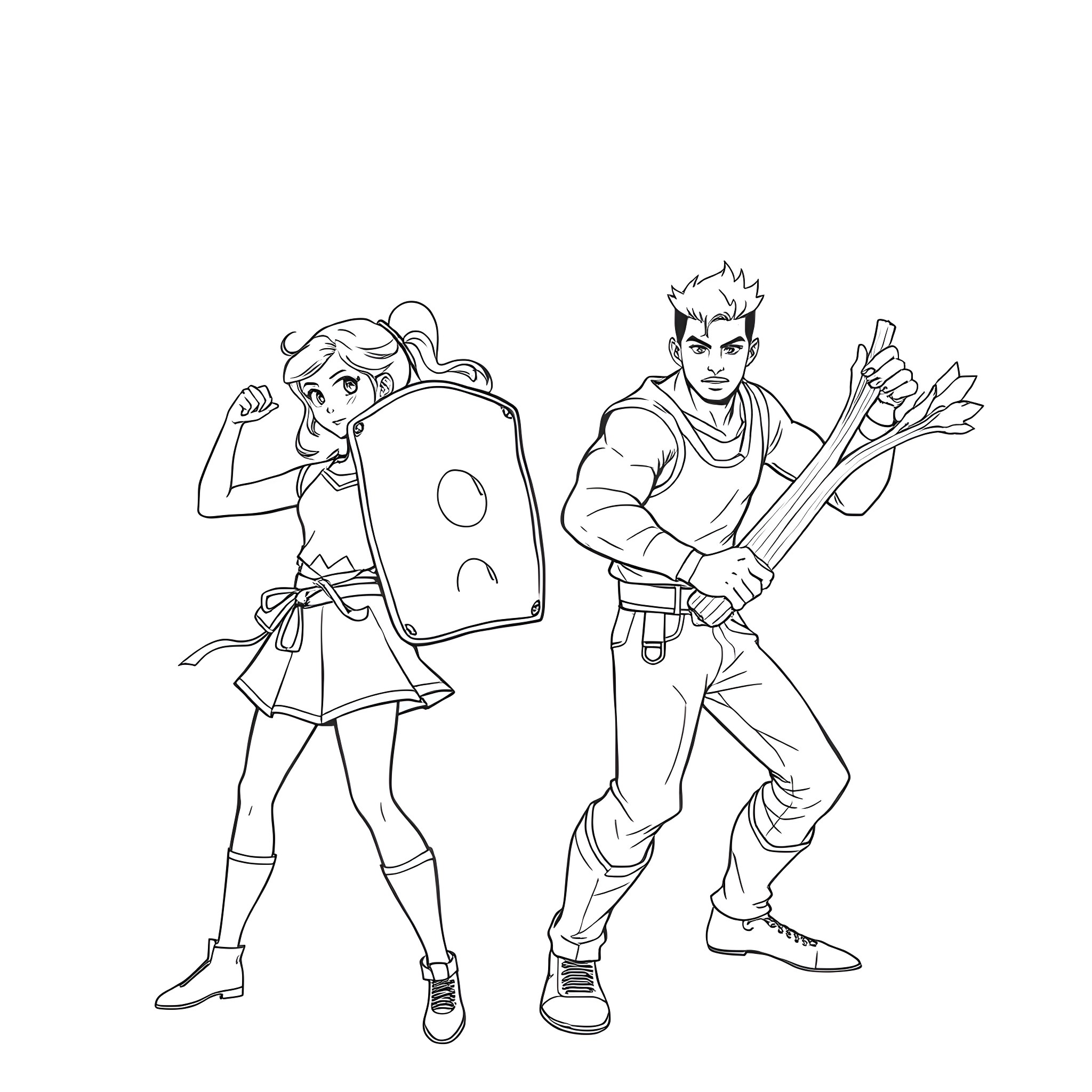 Girl and boy in combat poses with weapons Coloring Page (free black-and-white line drawing printable PDF for all, from beginners to advanced learners, including children, teens, adults, and seniors)