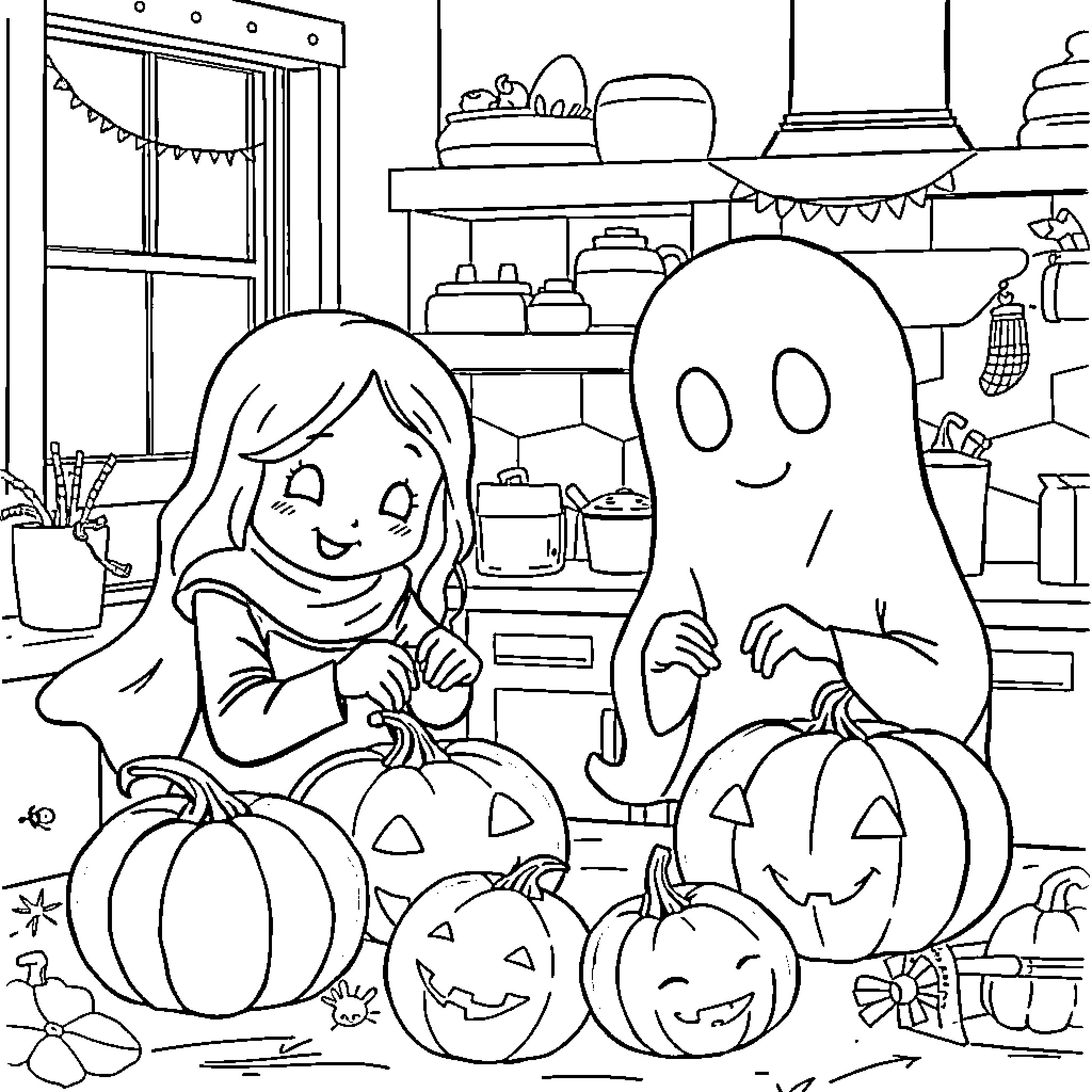 Ghost friends carving pumpkins for Halloween Coloring Page (free black-and-white line drawing printable PDF for all, from beginners to advanced learners, including children, teens, adults, and seniors)