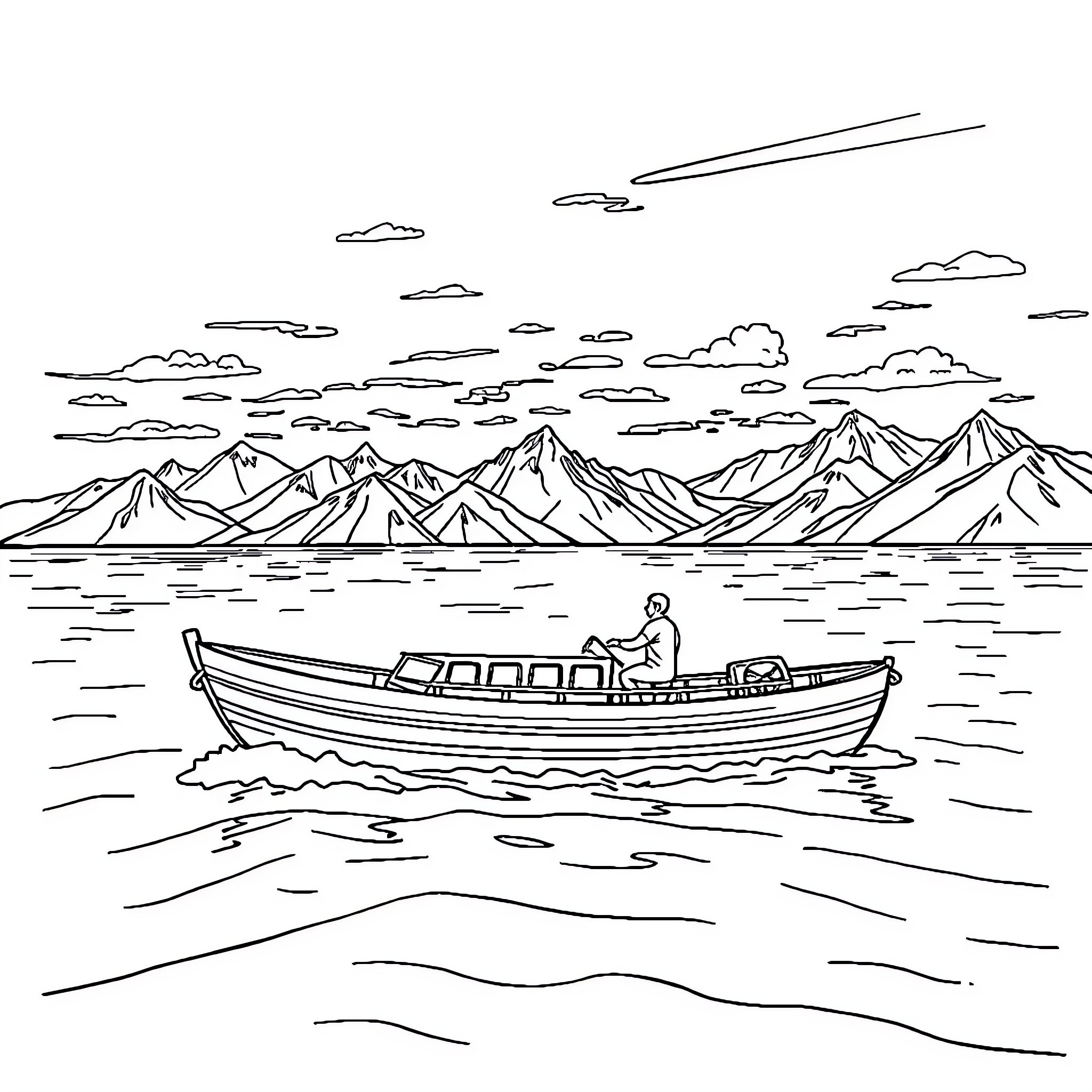 Chiro's Journey Across the Serene Waters Coloring Page (free black-and-white line drawing printable PDF for all, from beginners to advanced learners, including children, teens, adults, and seniors)