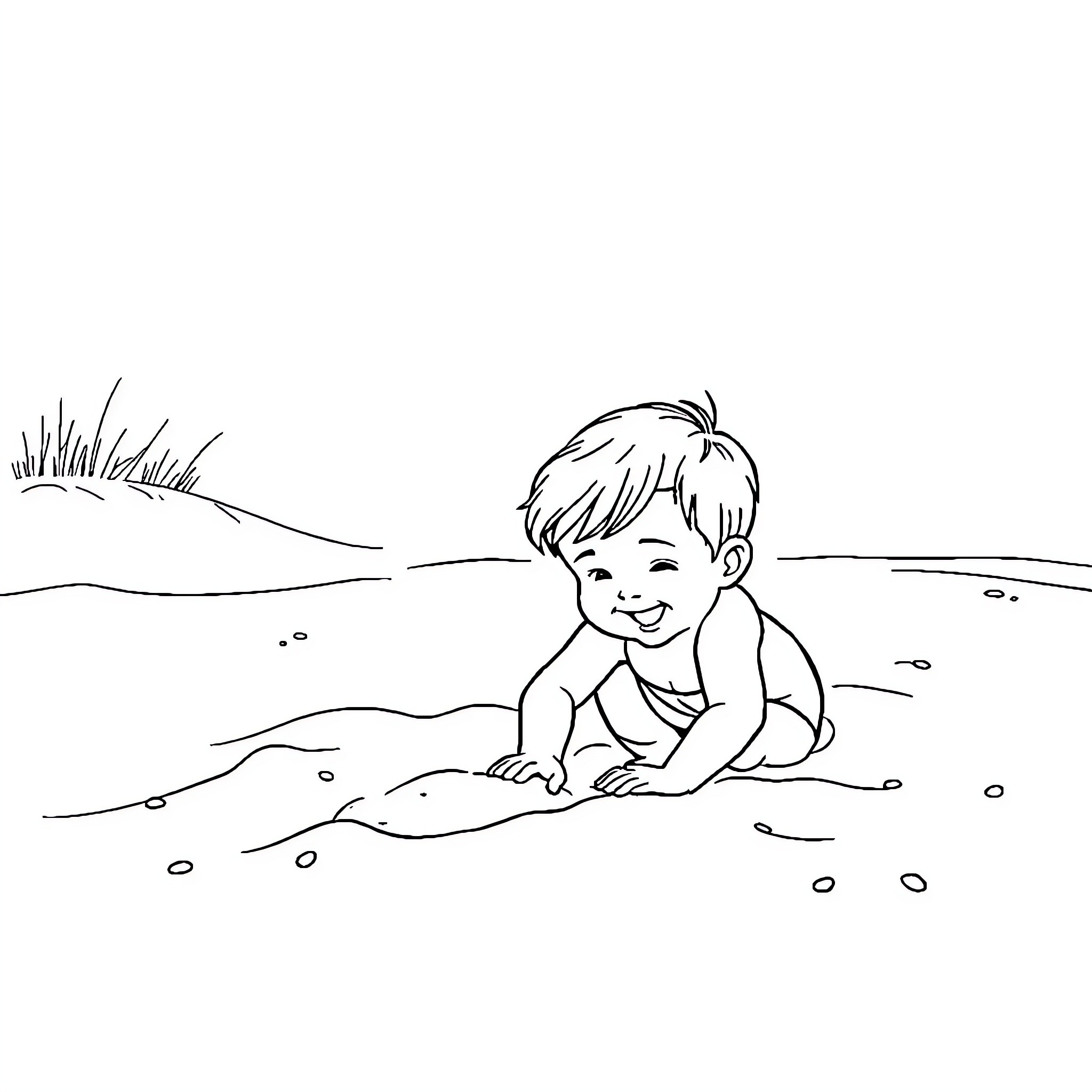 Kid playing happily in the sand Coloring Page (free black-and-white line drawing printable PDF for all, from beginners to advanced learners, including children, teens, adults, and seniors)
