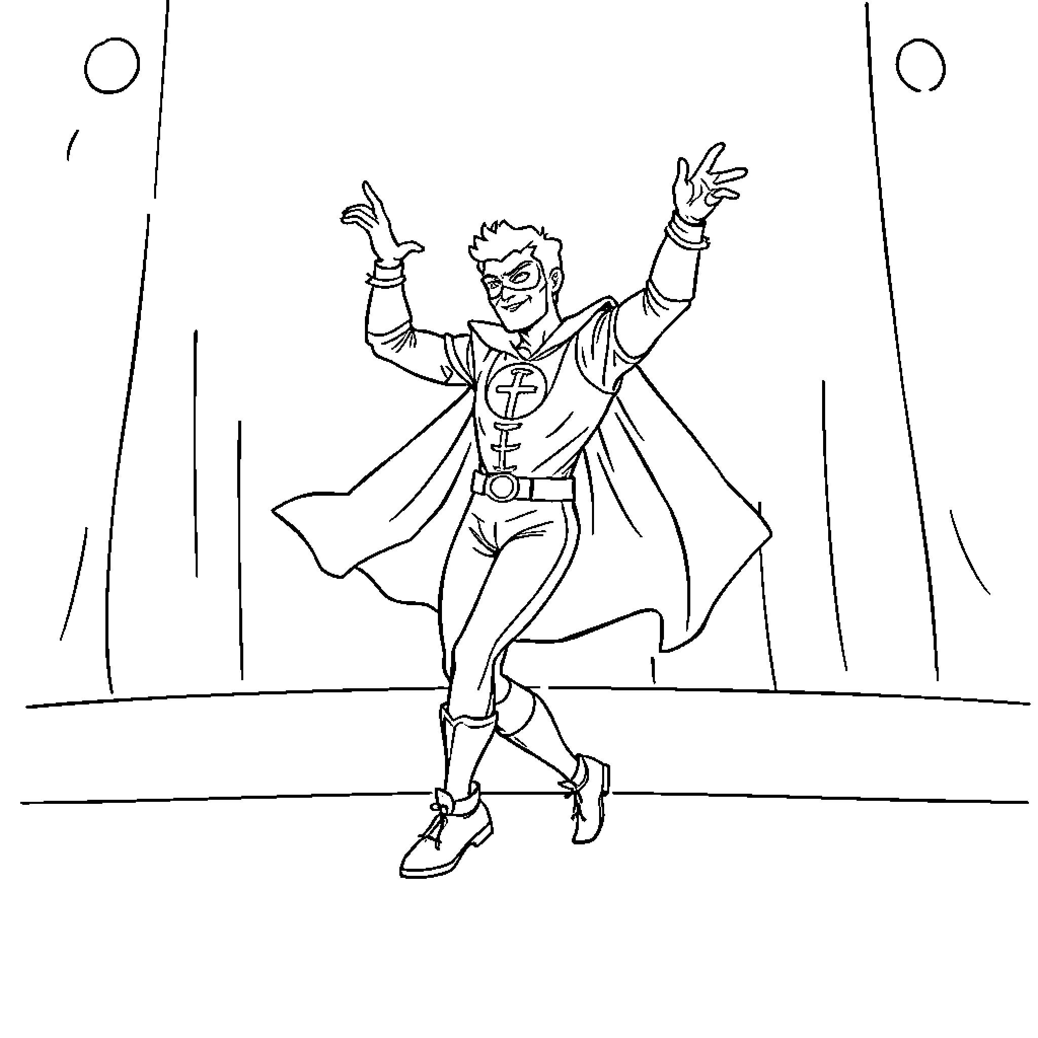 Peacemaker's triumphant pose on the stage Coloring Page (free black-and-white line drawing printable PDF for all, from beginners to advanced learners, including children, teens, adults, and seniors)