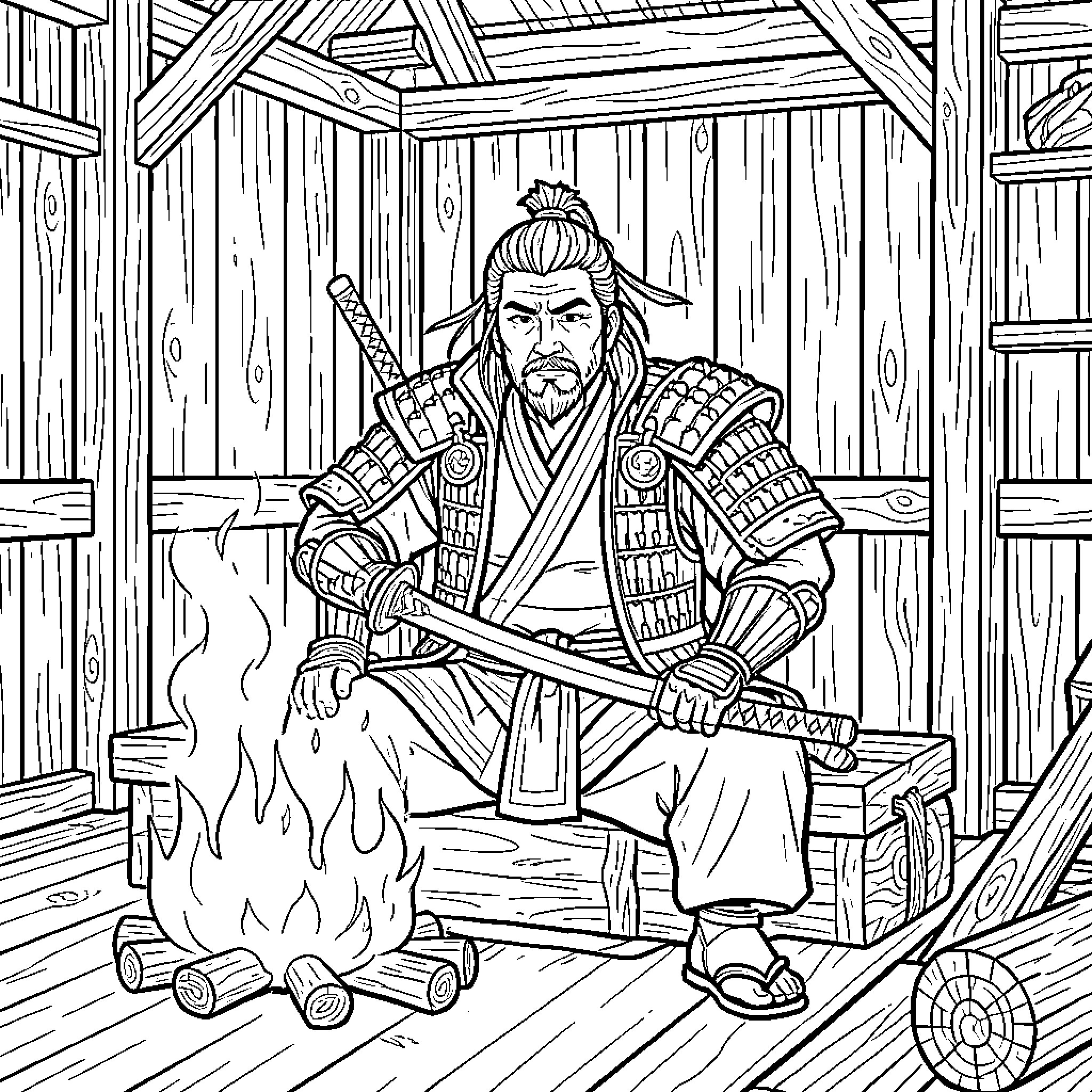 Samurai warrior contemplating in a rustic cabin Coloring Page (free black-and-white line drawing printable PDF for all, from beginners to advanced learners, including children, teens, adults, and seniors)
