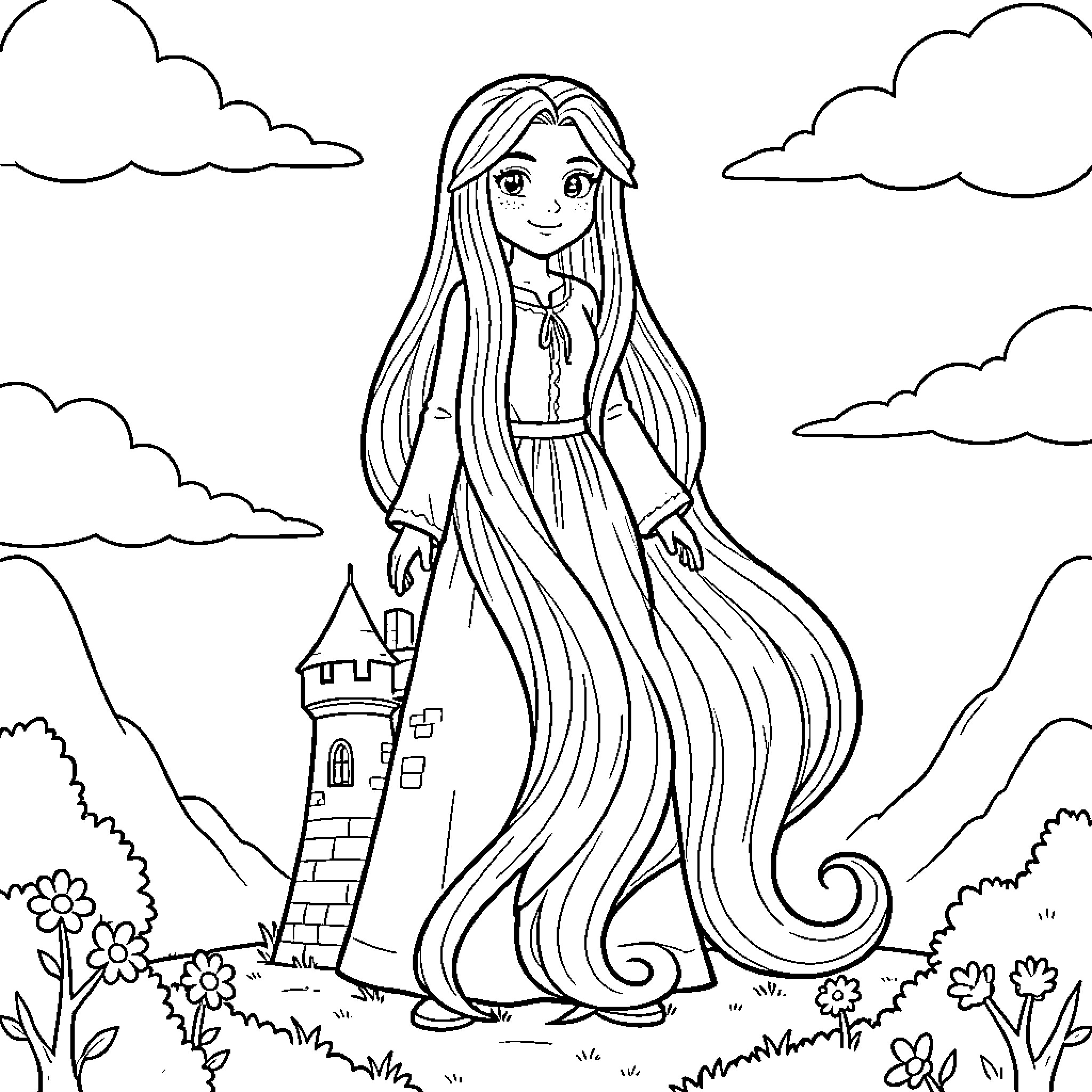 Rakunzel standing gracefully in a flowery landscape Coloring Page (free black-and-white line drawing printable PDF for all, from beginners to advanced learners, including children, teens, adults, and seniors)