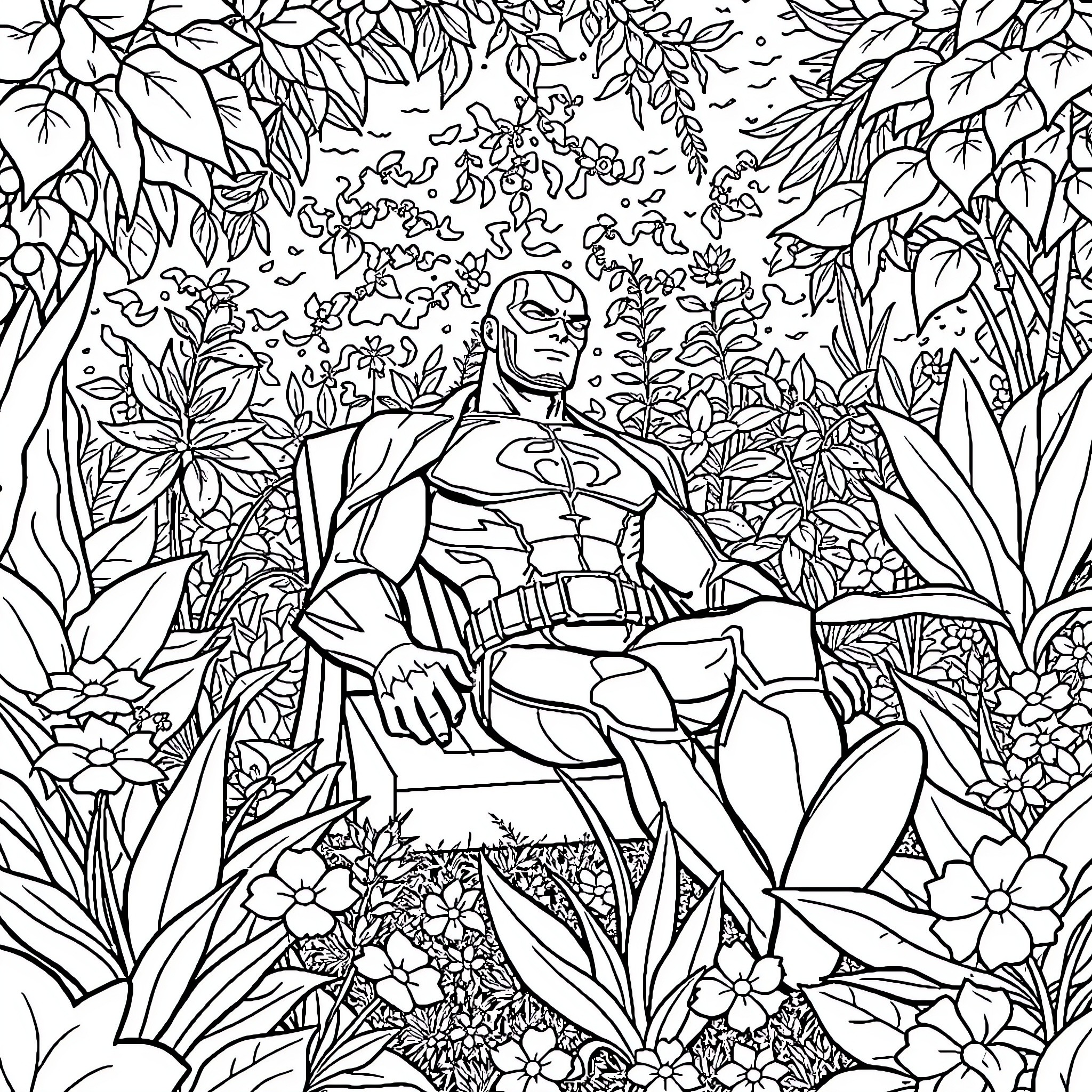 Superhero Resting in a Lush Botanical Wonderland Coloring Page (free black-and-white line drawing printable PDF for all, from beginners to advanced learners, including children, teens, adults, and seniors)