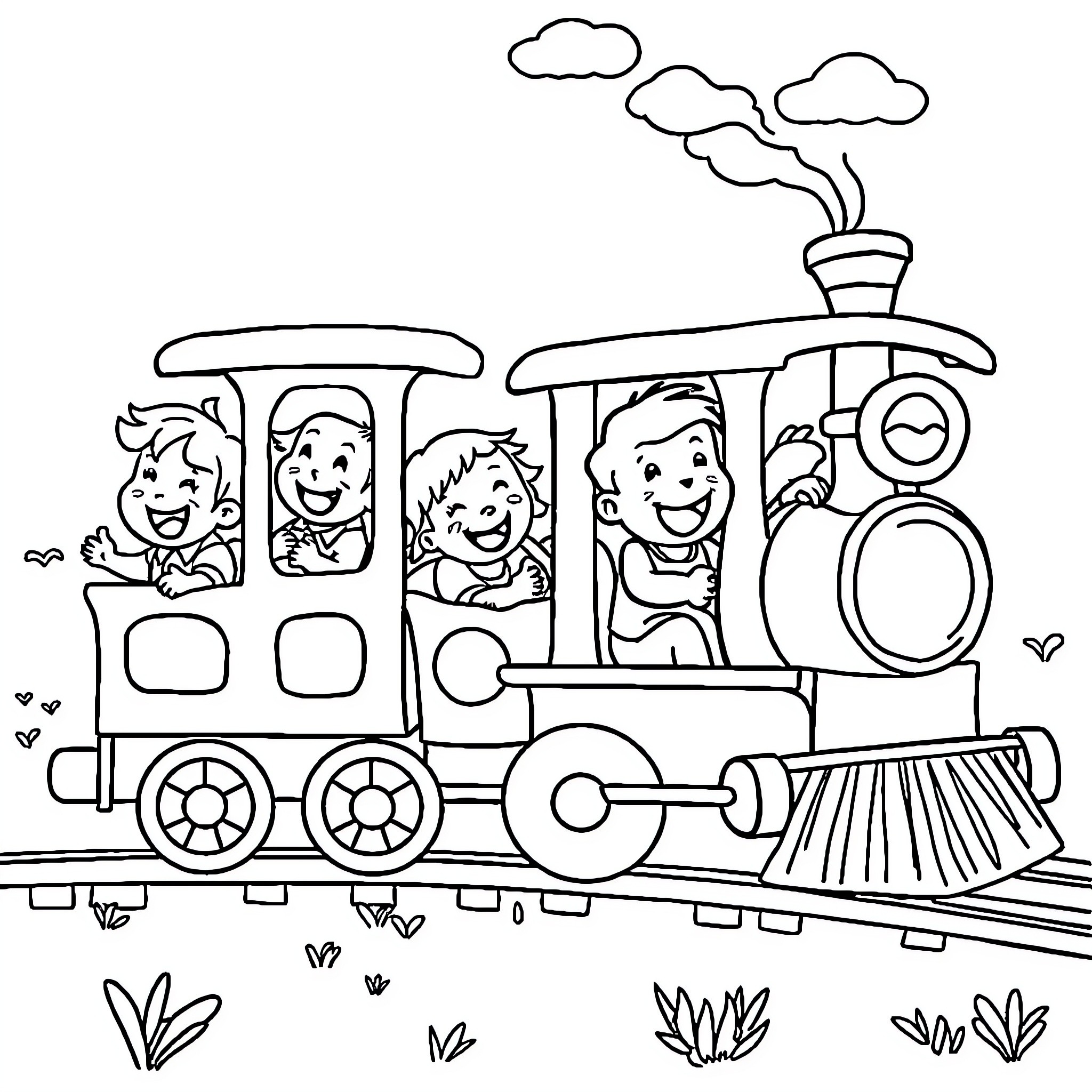 Train filled with happy children on an adventure Coloring Page (free black-and-white line drawing printable PDF for all, from beginners to advanced learners, including children, teens, adults, and seniors)