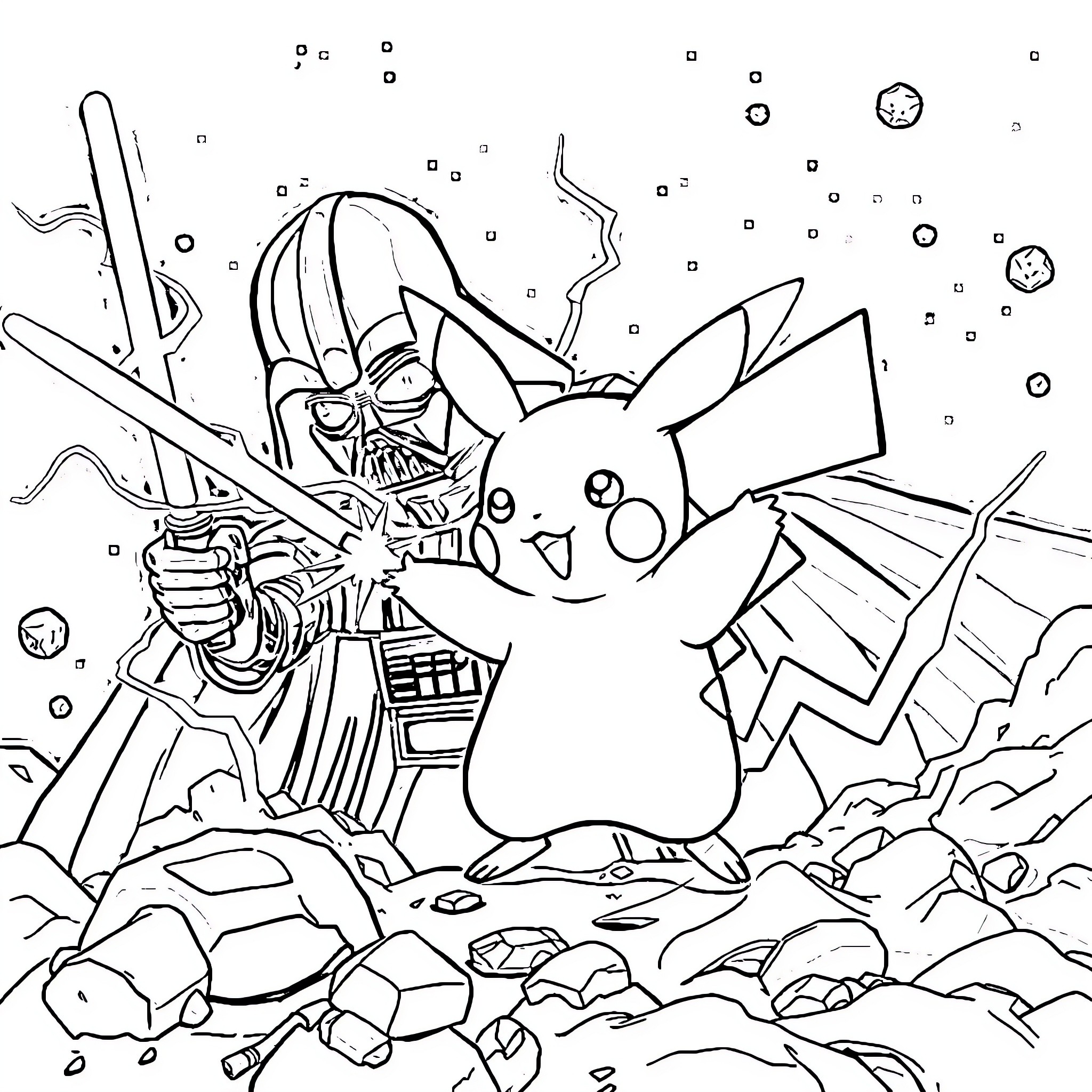 Pikachu battling Darth Vader in a cosmic landscape Coloring Page (free black-and-white line drawing printable PDF for all, from beginners to advanced learners, including children, teens, adults, and seniors)