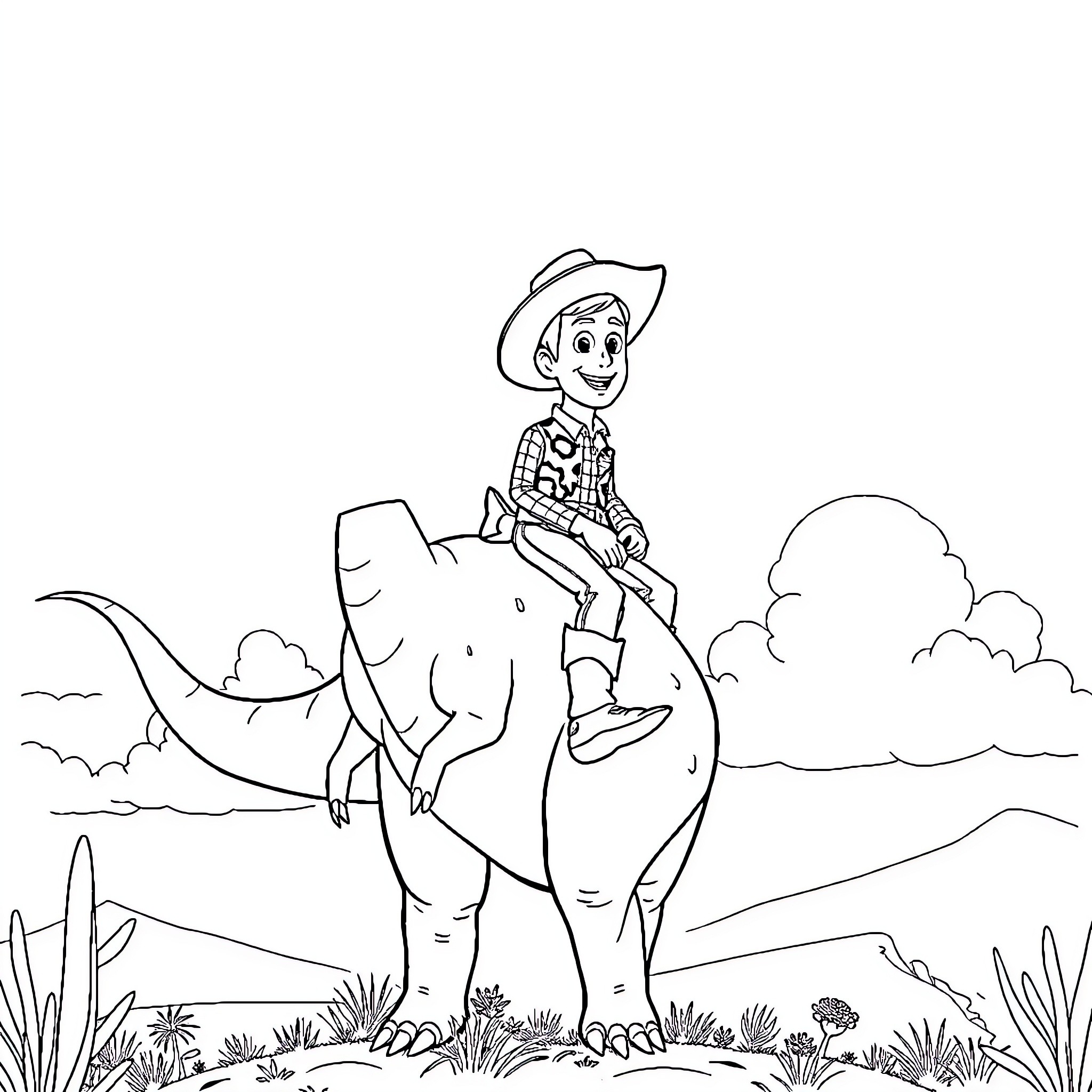 Woody riding a friendly dinosaur in the desert Coloring Page (free black-and-white line drawing printable PDF for all, from beginners to advanced learners, including children, teens, adults, and seniors)