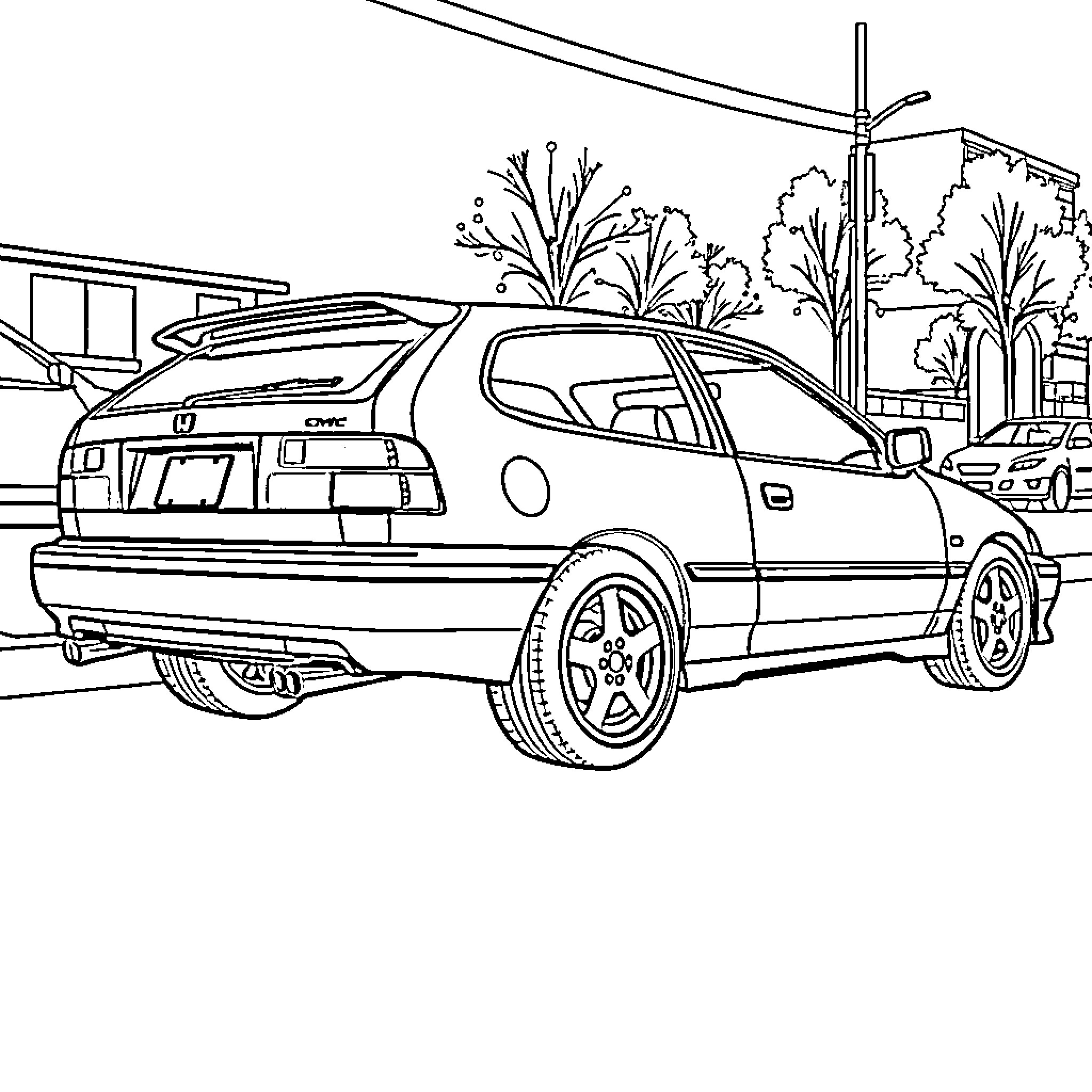 Honda Civic coupe on a residential street Coloring Page (free black-and-white line drawing printable PDF for all, from beginners to advanced learners, including children, teens, adults, and seniors)