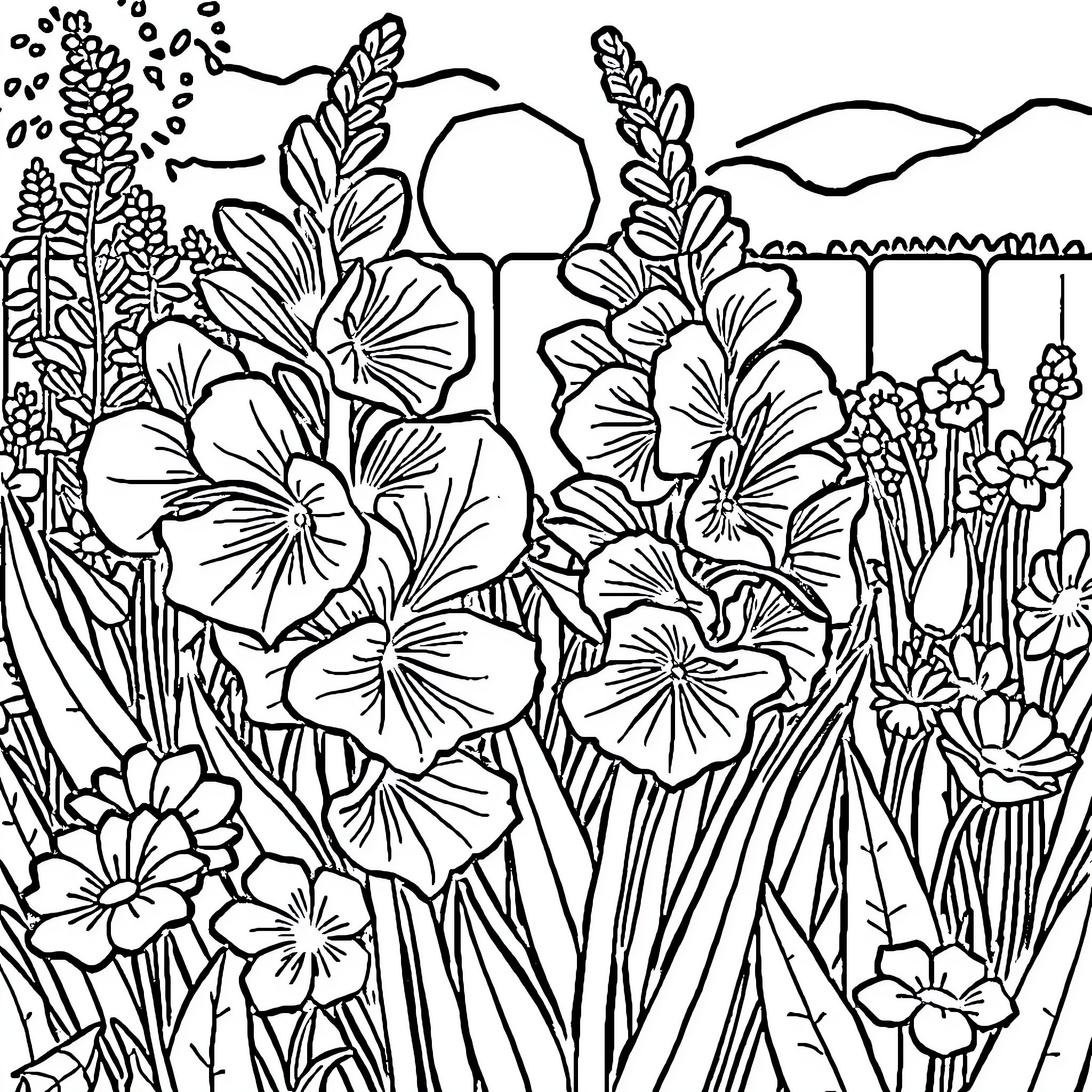 Snapdragon Floral Garden Landscape Coloring Page (free black-and-white line drawing printable PDF for all, from beginners to advanced learners, including children, teens, adults, and seniors)