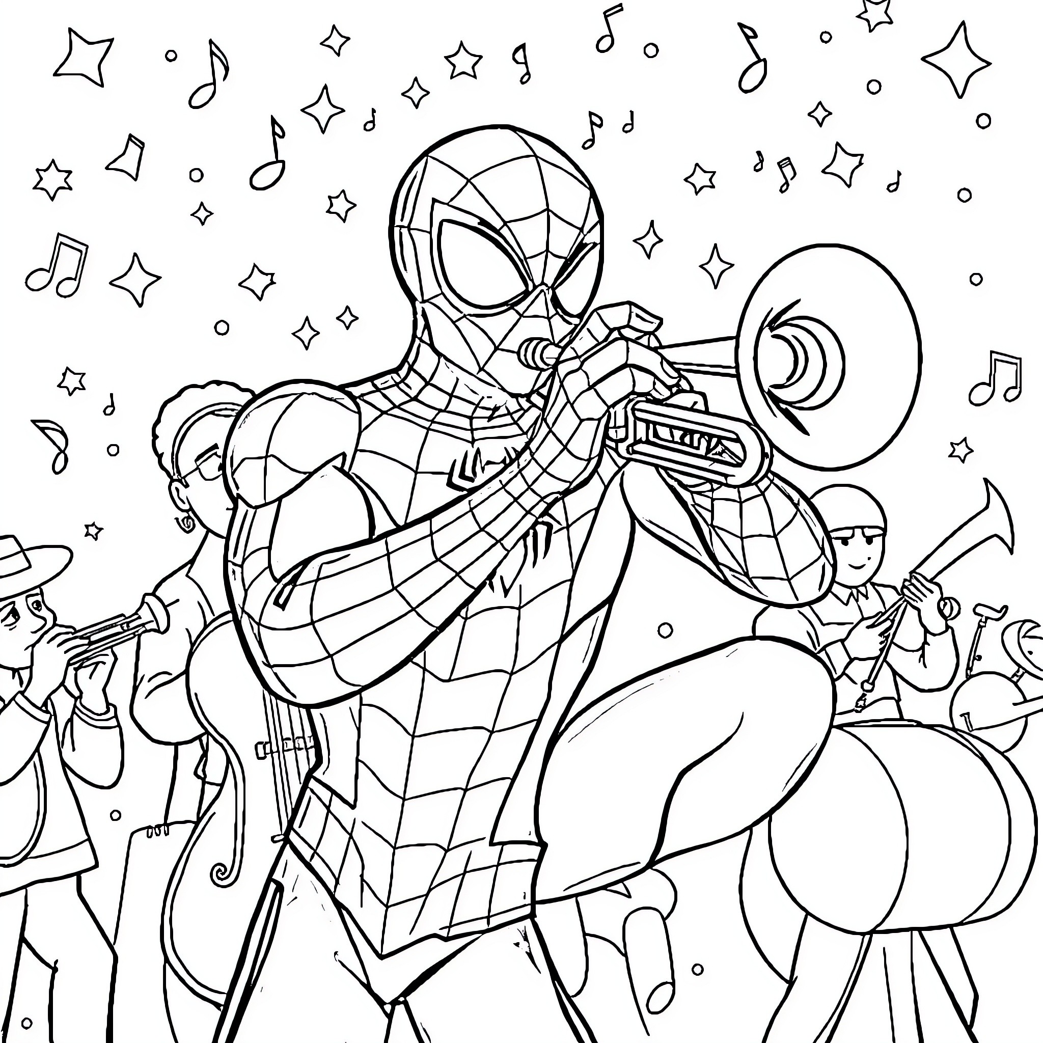 Spiderman playing music and dancing with friends Coloring Page (free black-and-white line drawing printable PDF for all, from beginners to advanced learners, including children, teens, adults, and seniors)