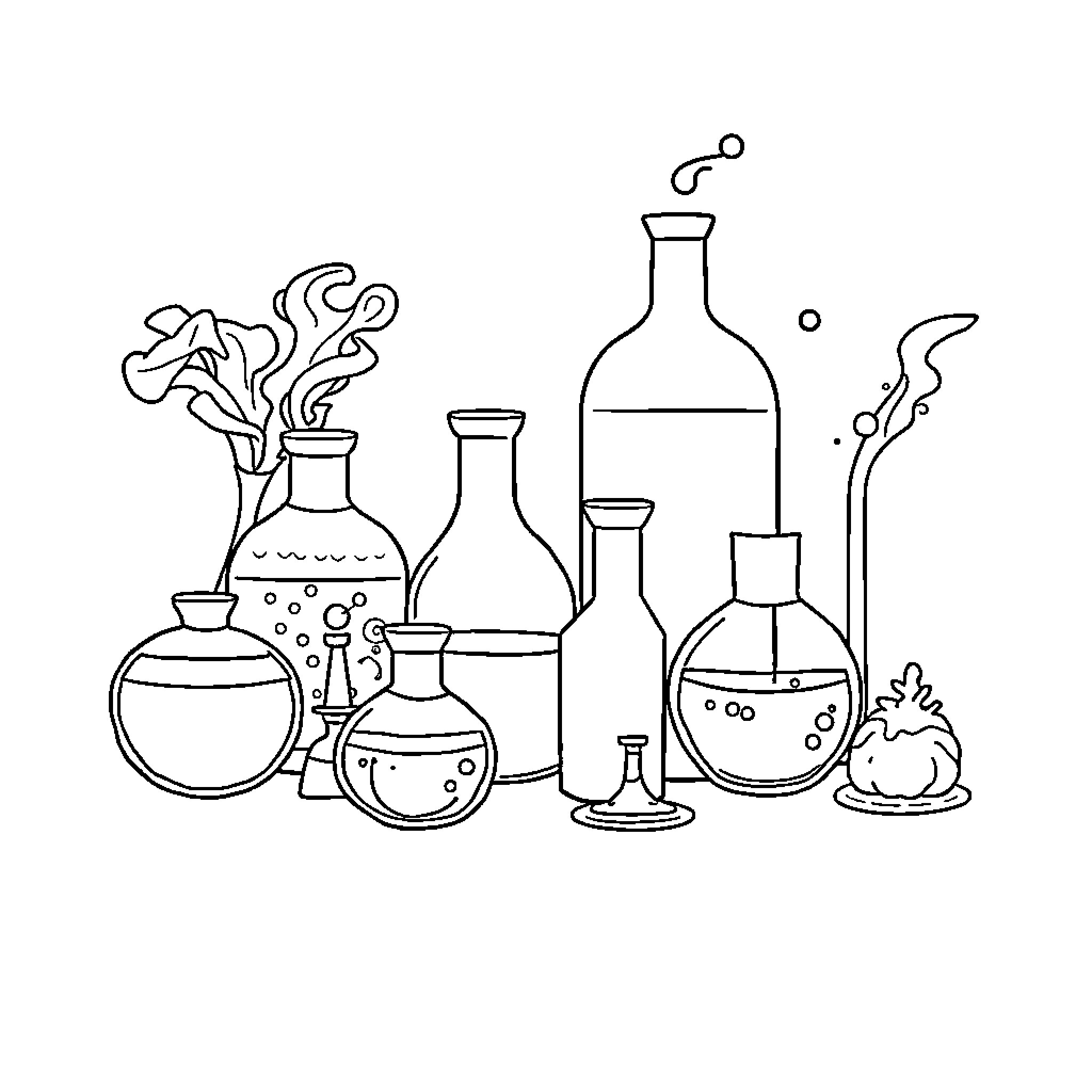 Chemical Laboratory Apparatus and Experiments Coloring Page (free black-and-white line drawing printable PDF for all, from beginners to advanced learners, including children, teens, adults, and seniors)