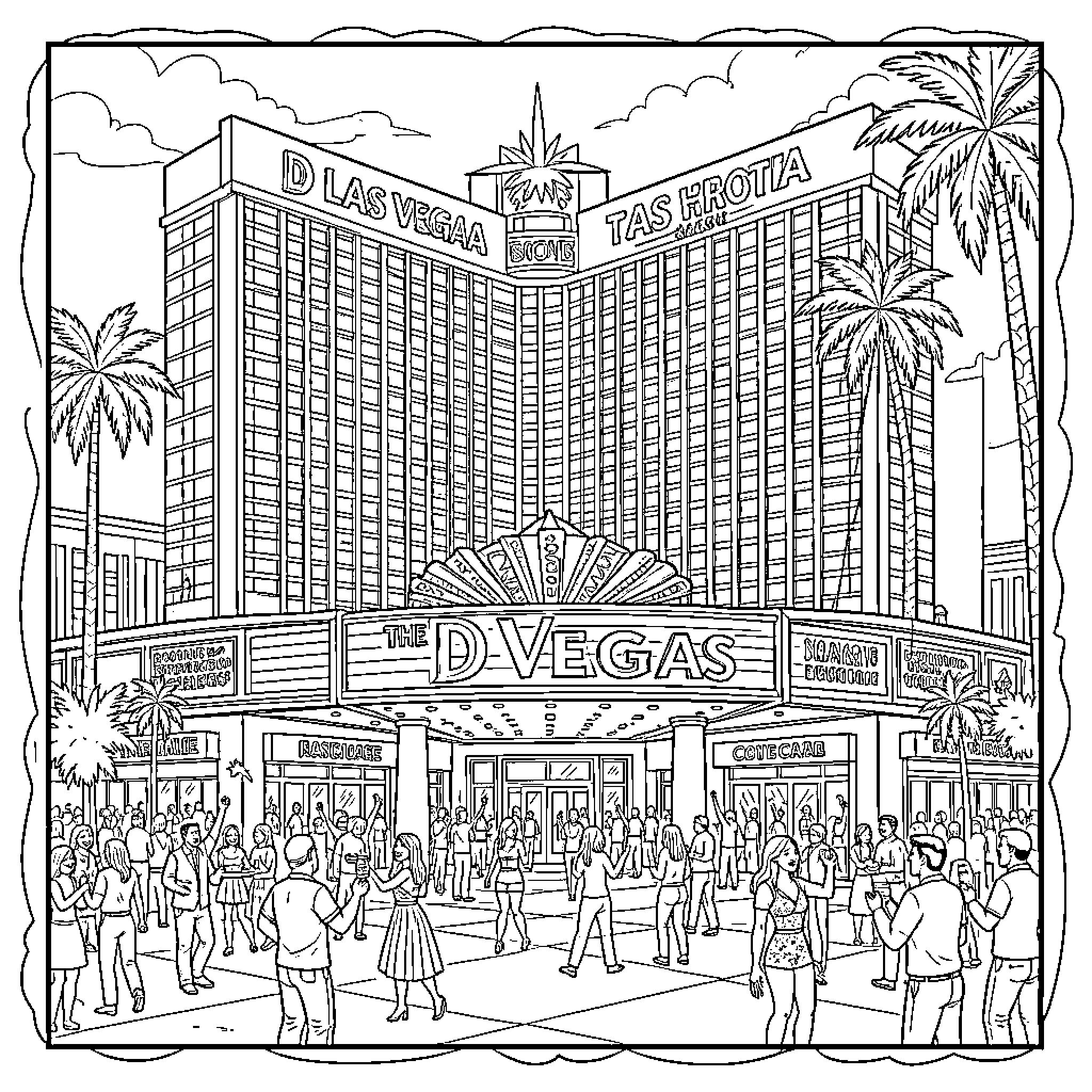 D Las Vegas crowds gathering outside the hotel Coloring Page (free black-and-white line drawing printable PDF for all, from beginners to advanced learners, including children, teens, adults, and seniors)