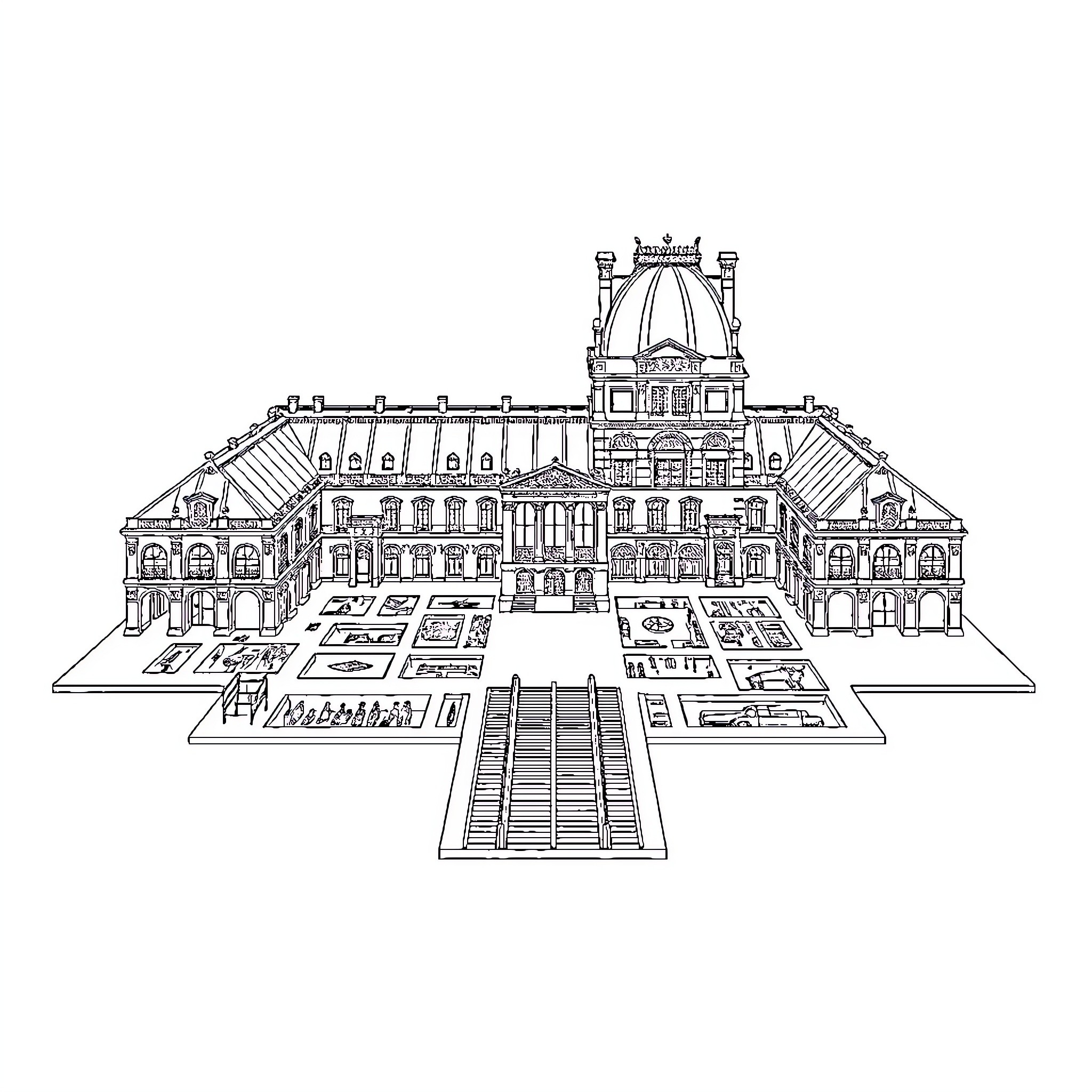 Louvre Museum Architecture and Design Coloring Page (free black-and-white line drawing printable PDF for all, from beginners to advanced learners, including children, teens, adults, and seniors)