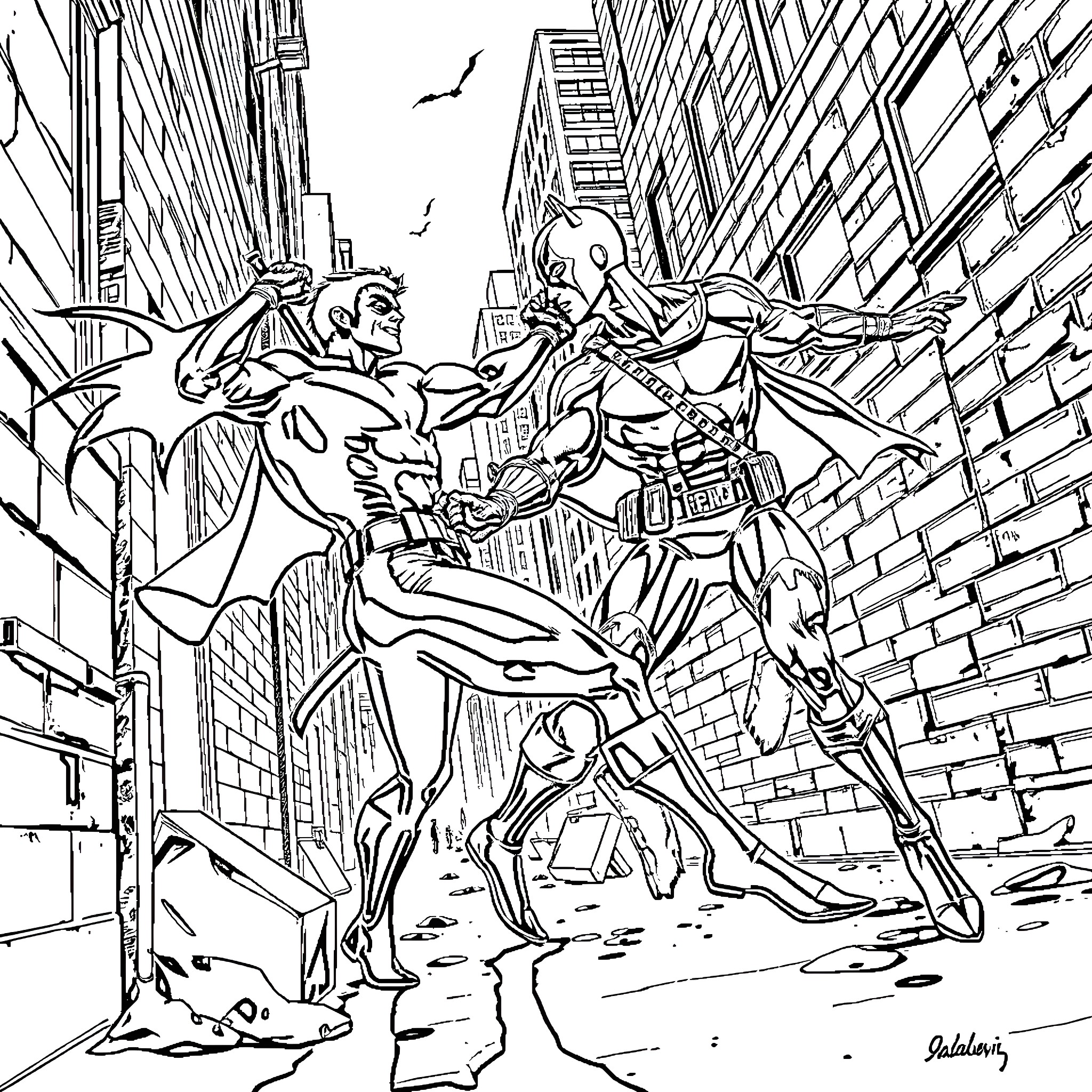 Nightwing and Spiderman in Intense Confrontation Coloring Page (free black-and-white line drawing printable PDF for all, from beginners to advanced learners, including children, teens, adults, and seniors)