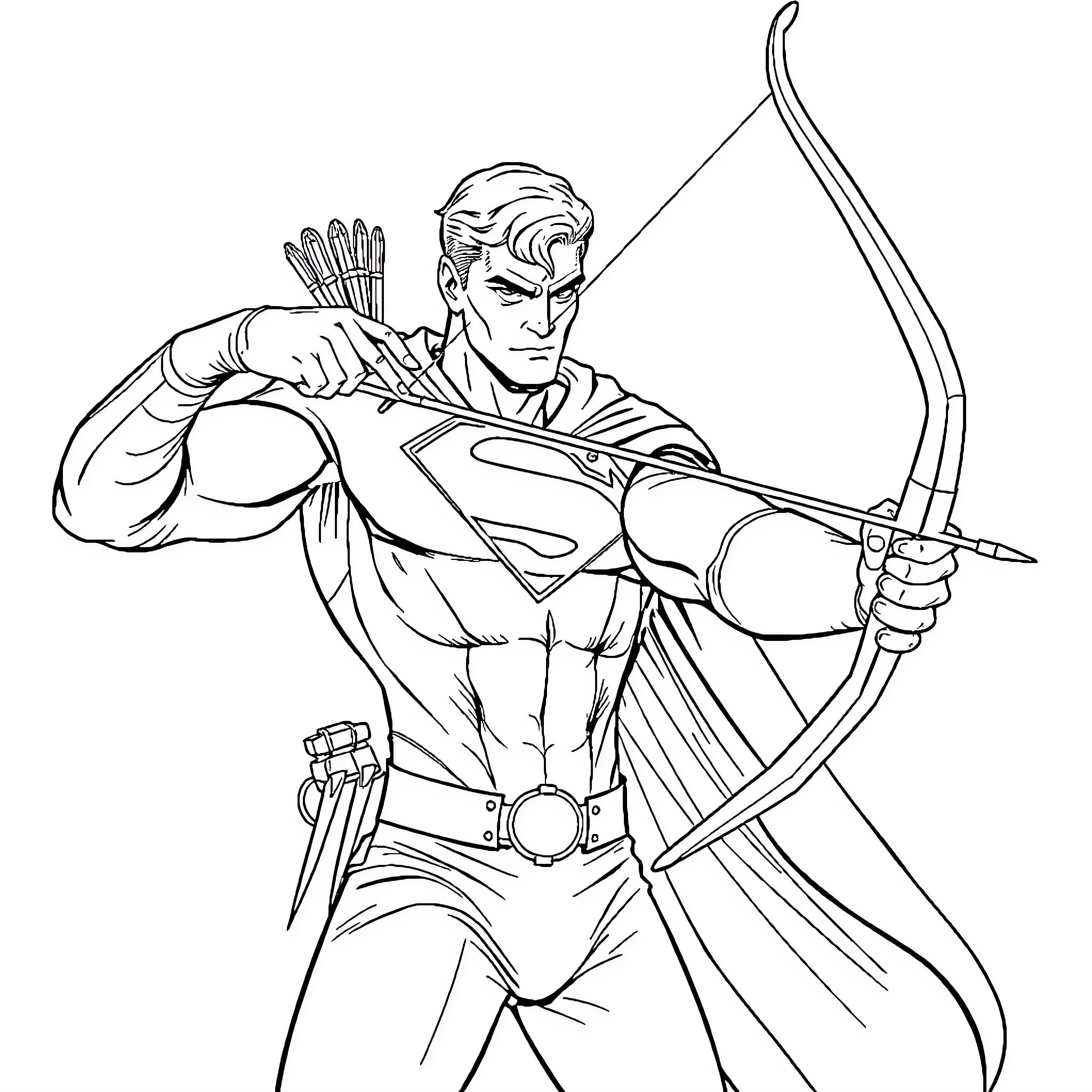 Superman heroically wielding bow and arrow Coloring Page (free black-and-white line drawing printable PDF for all, from beginners to advanced learners, including children, teens, adults, and seniors)