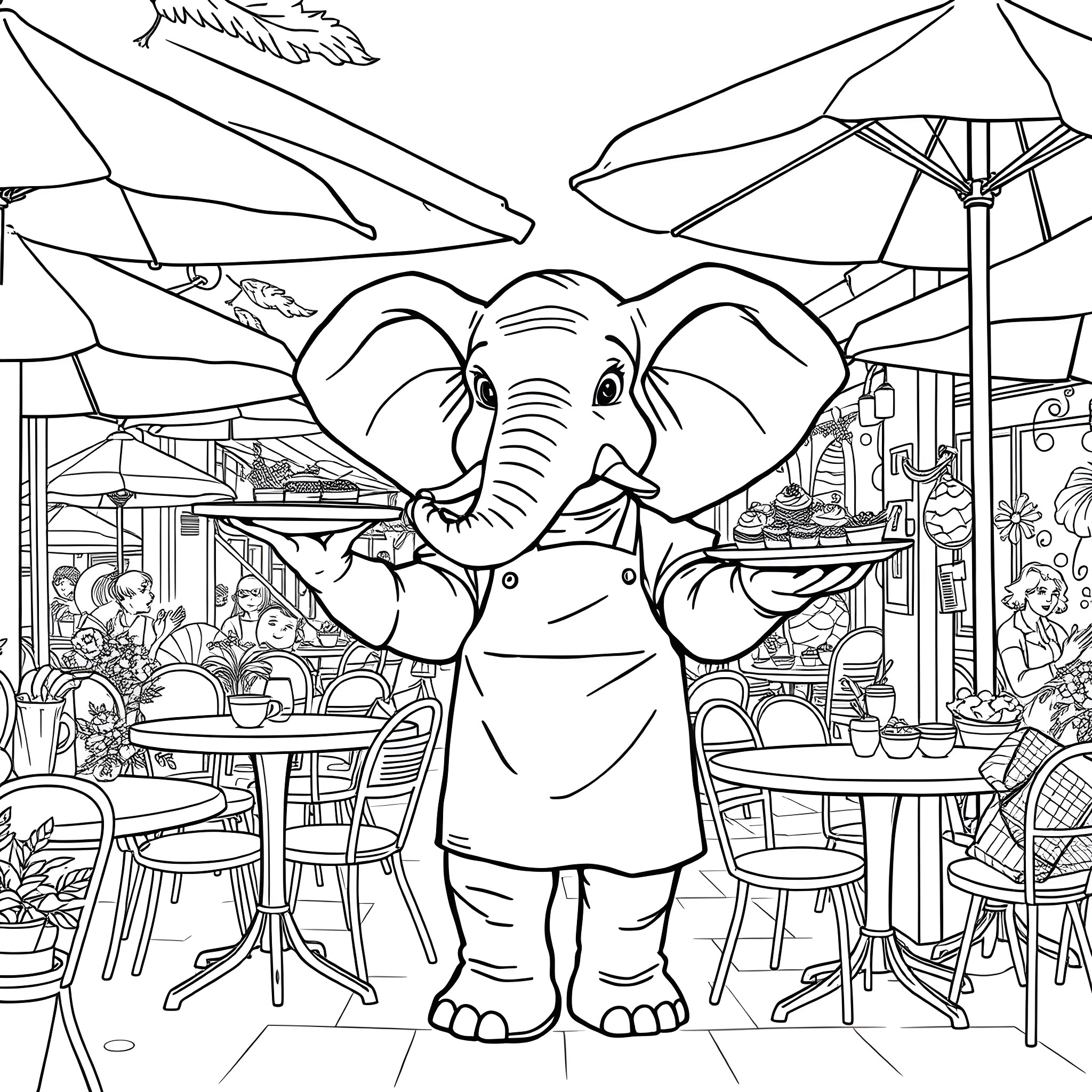 Elephant chef serving food in a bustling outdoor cafe Coloring Page (free black-and-white line drawing printable PDF for all, from beginners to advanced learners, including children, teens, adults, and seniors)