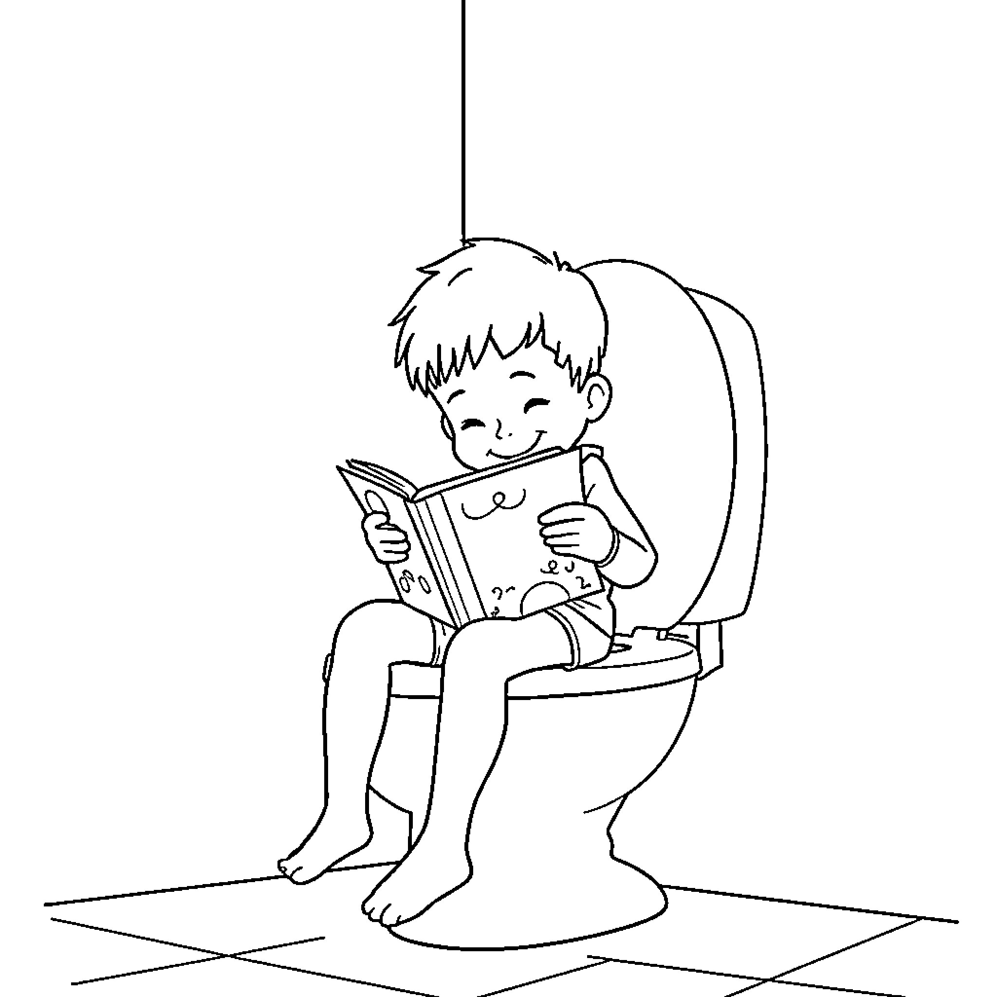 Kid reading book while sitting on toilet Coloring Page (free black-and-white line drawing printable PDF for all, from beginners to advanced learners, including children, teens, adults, and seniors)