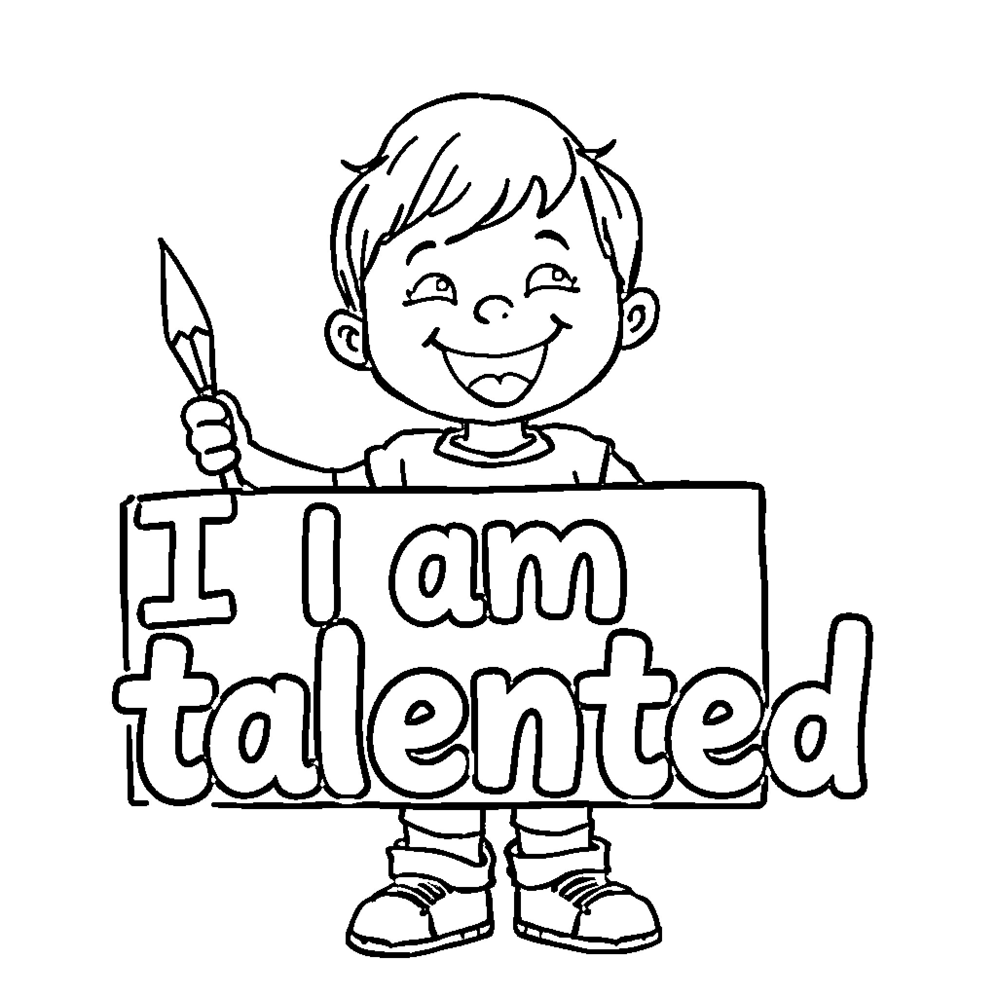 Kid shows his talent with pride Coloring Page (free black-and-white line drawing printable PDF for all, from beginners to advanced learners, including children, teens, adults, and seniors)