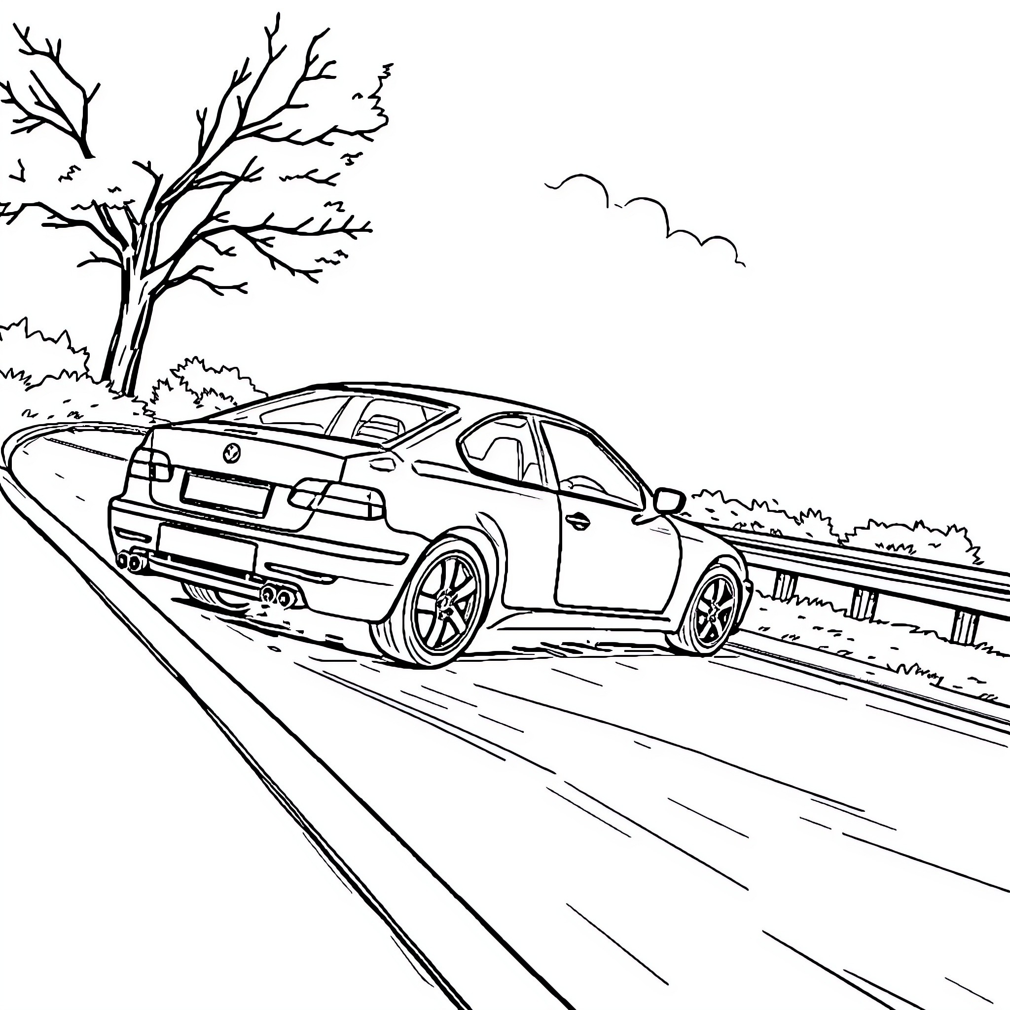 Car speeding on a winding road in nature Coloring Page (free black-and-white line drawing printable PDF for all, from beginners to advanced learners, including children, teens, adults, and seniors)