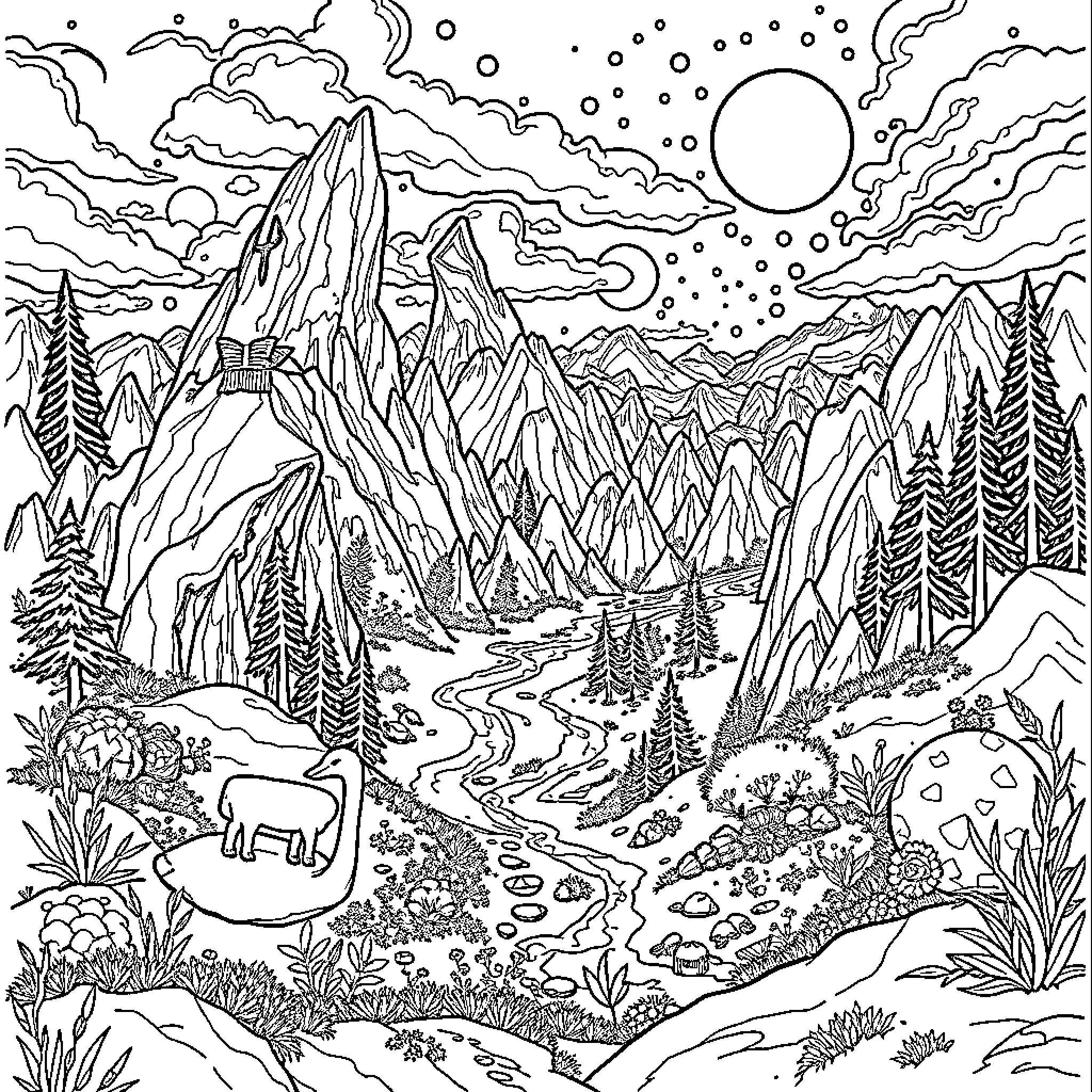 World of Majestic Mountains and Serene Landscapes Coloring Page (free black-and-white line drawing printable PDF for all, from beginners to advanced learners, including children, teens, adults, and seniors)