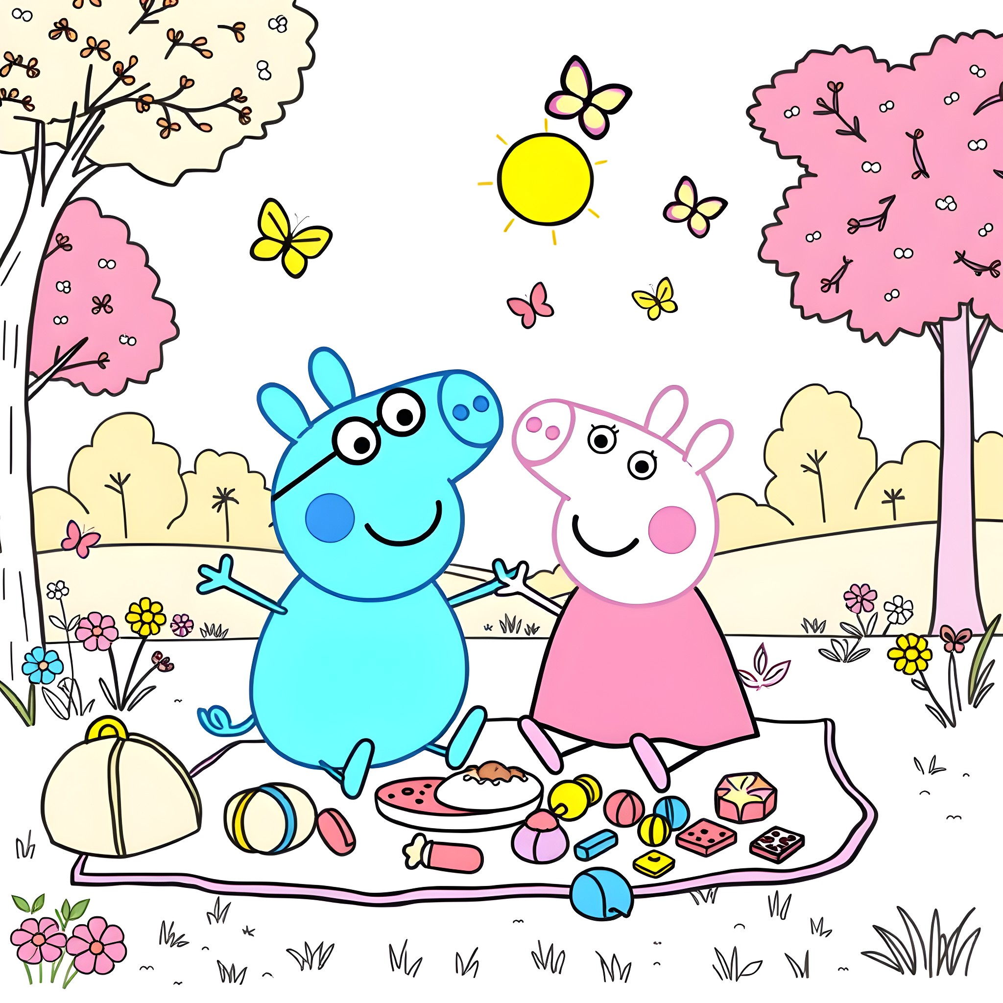 Bluey and Peppa Pig's Playful Picnic Coloring Page (free black-and-white line drawing printable PDF for all, from beginners to advanced learners, including children, teens, adults, and seniors)