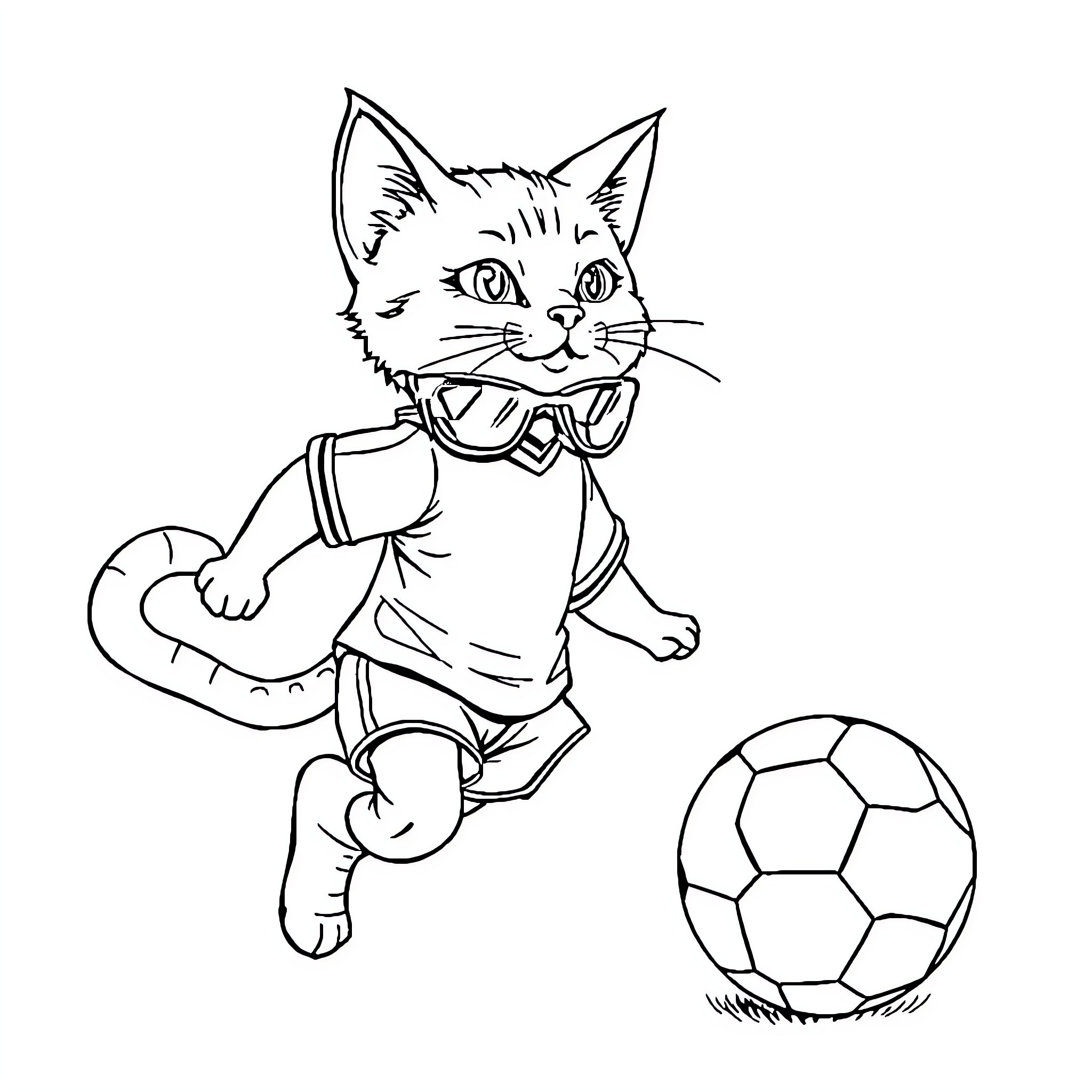 Cat Playing Soccer with Ball Coloring Page (free black-and-white line drawing printable PDF for all, from beginners to advanced learners, including children, teens, adults, and seniors)