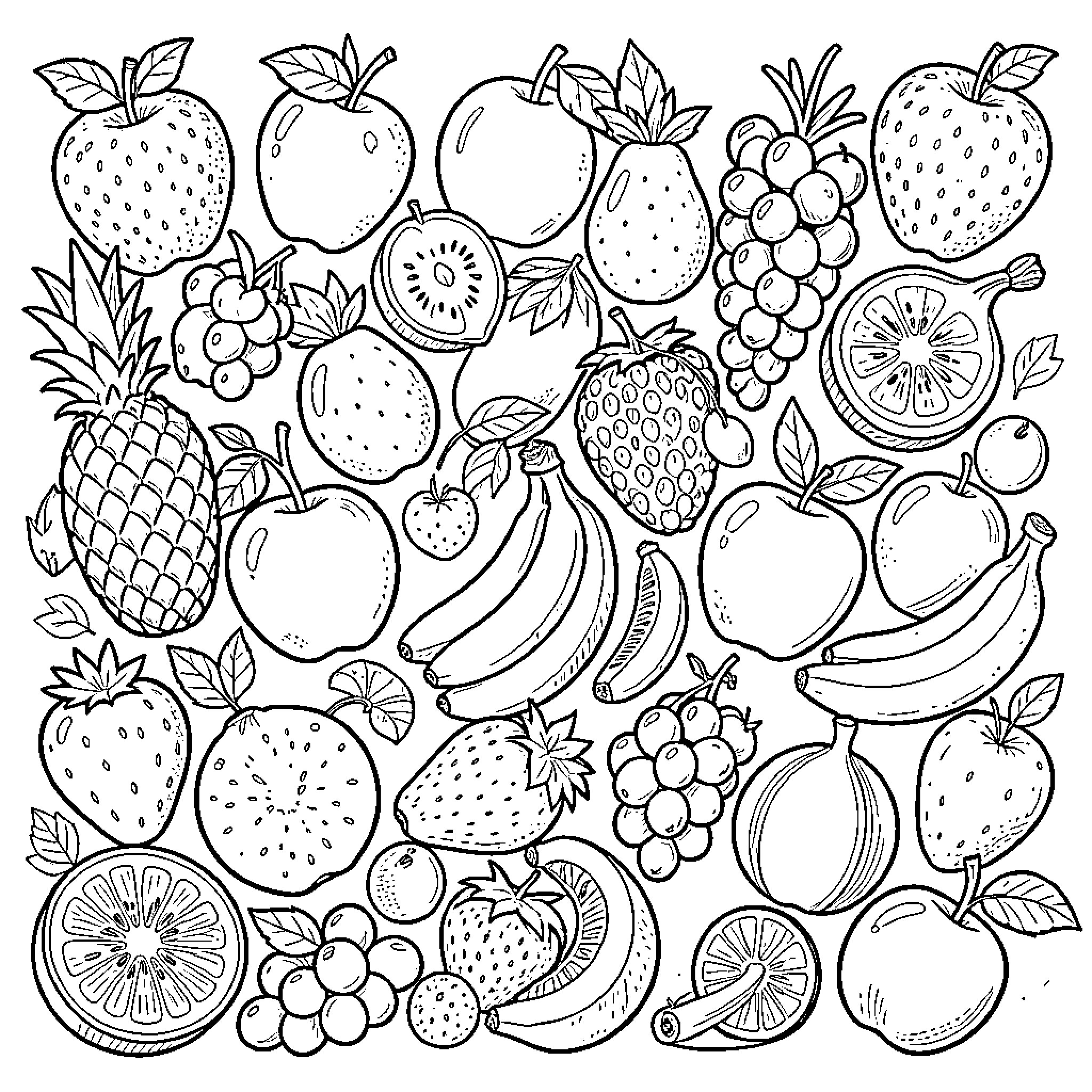Fruit Feast: A Colorful Collection of Delightful Produce Coloring Page (free black-and-white line drawing printable PDF for all, from beginners to advanced learners, including children, teens, adults, and seniors)