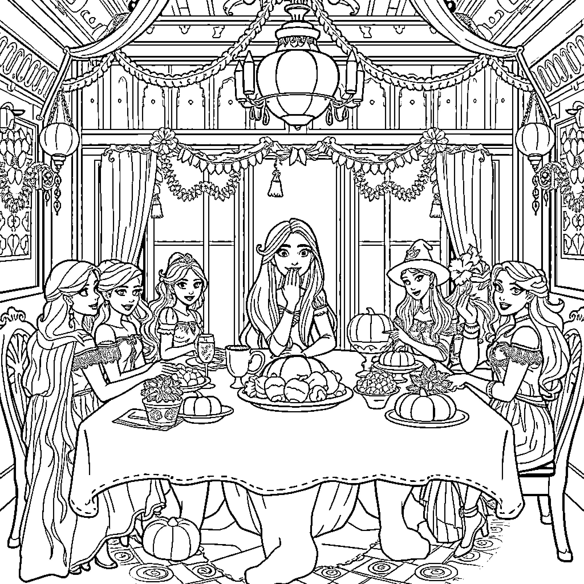 Rapunzel and her friends enjoying a festive banquet Coloring Page (free black-and-white line drawing printable PDF for all, from beginners to advanced learners, including children, teens, adults, and seniors)