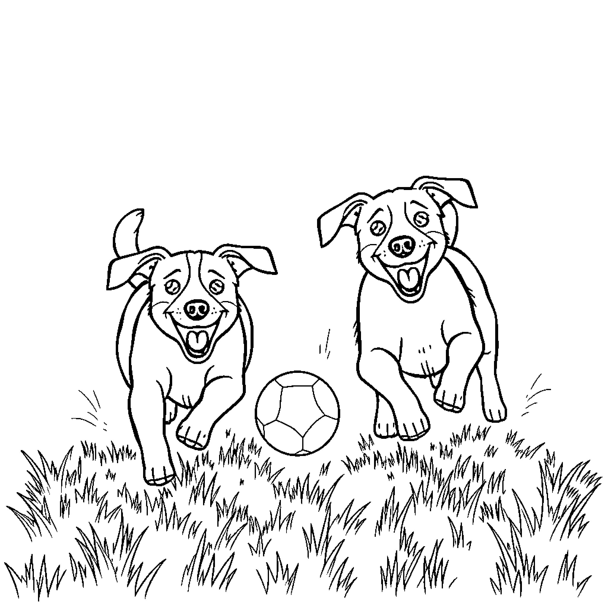 Dog friends playing with soccer ball outdoors Coloring Page (free black-and-white line drawing printable PDF for all, from beginners to advanced learners, including children, teens, adults, and seniors)