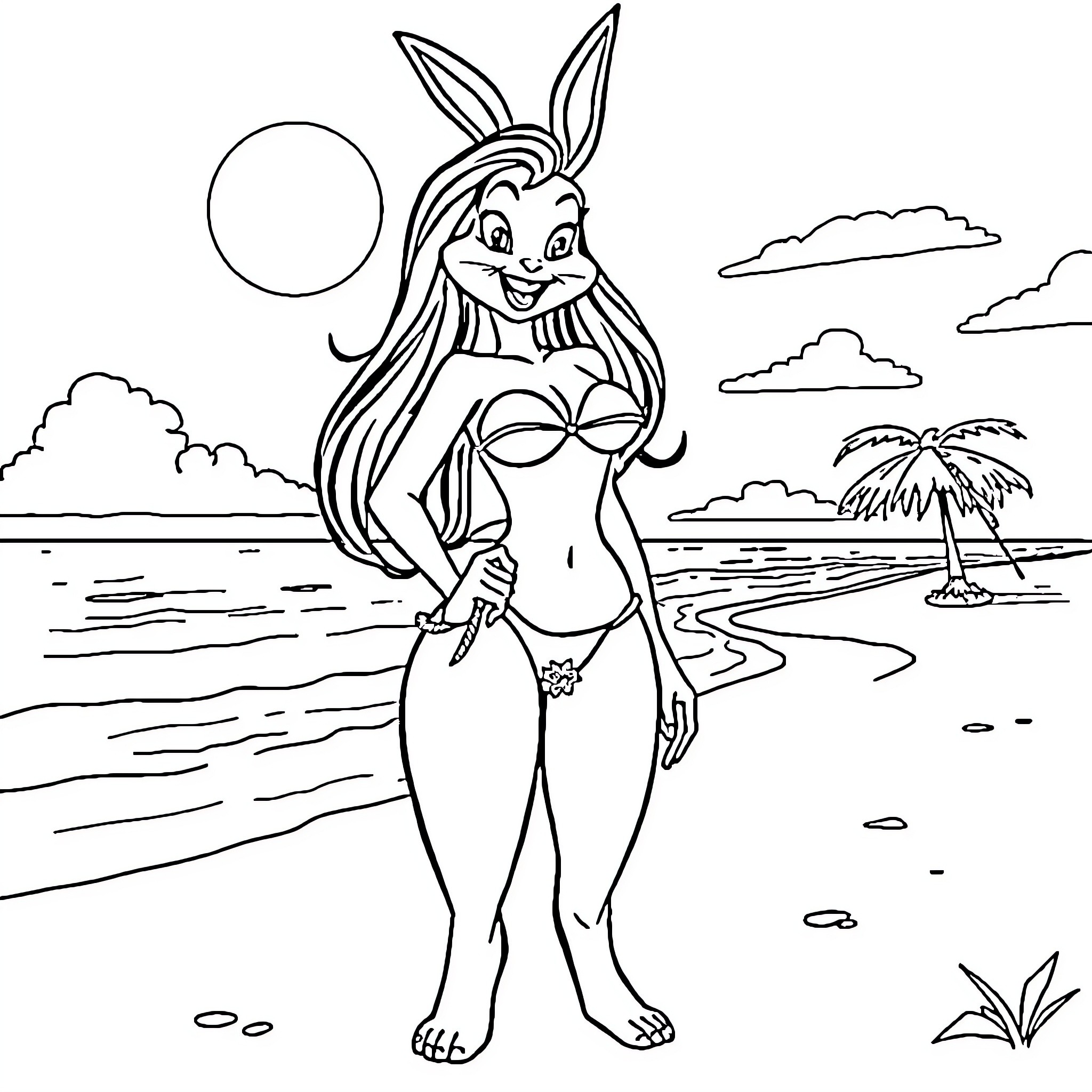 Jessica Rabbit's tropical beach adventure Coloring Page (free black-and-white line drawing printable PDF for all, from beginners to advanced learners, including children, teens, adults, and seniors)