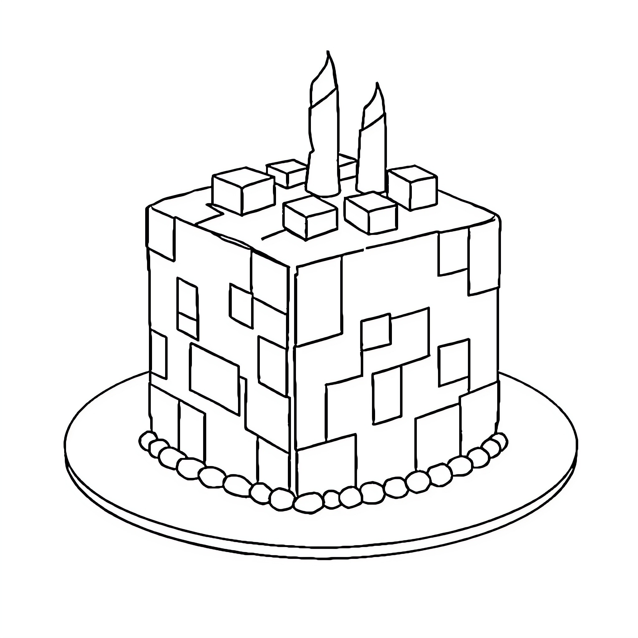 Minecraft Cake with Decorative Cubic Design Coloring Page (free black-and-white line drawing printable PDF for all, from beginners to advanced learners, including children, teens, adults, and seniors)
