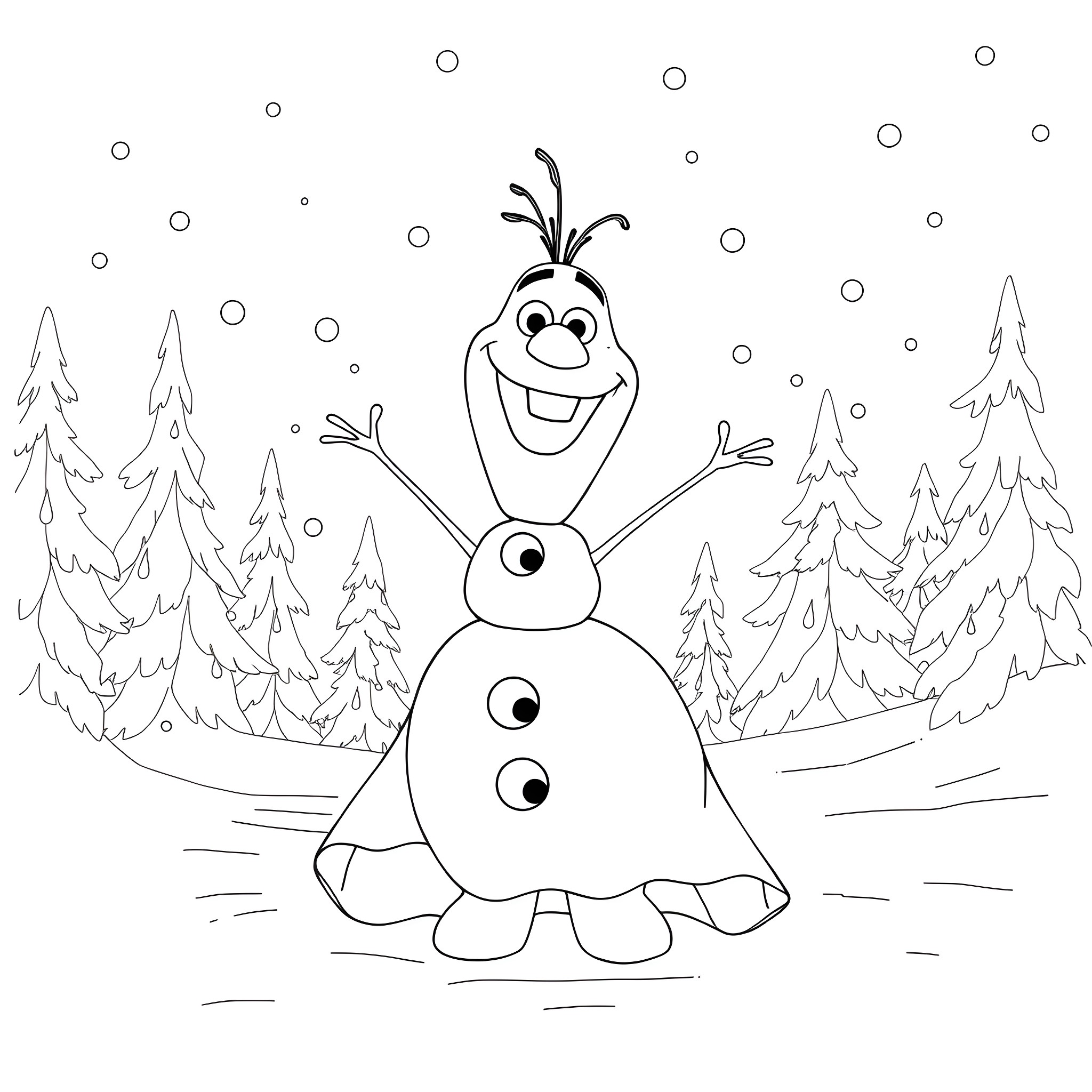 Olaf having fun in the snowy forest Coloring Page (free black-and-white line drawing printable PDF for all, from beginners to advanced learners, including children, teens, adults, and seniors)