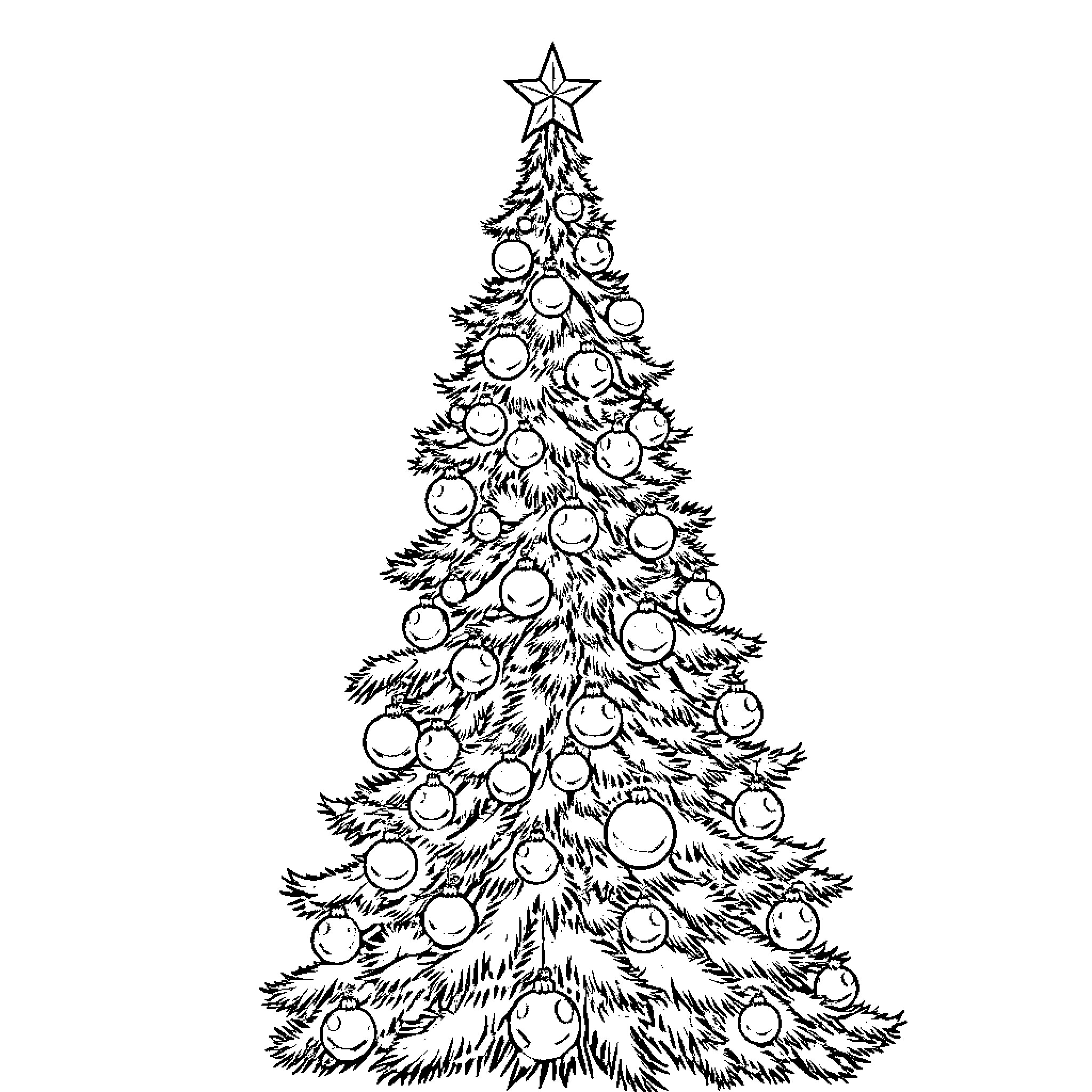 Christmas Tree with Decorative Ornaments Coloring Page (free black-and-white line drawing printable PDF for all, from beginners to advanced learners, including children, teens, adults, and seniors)