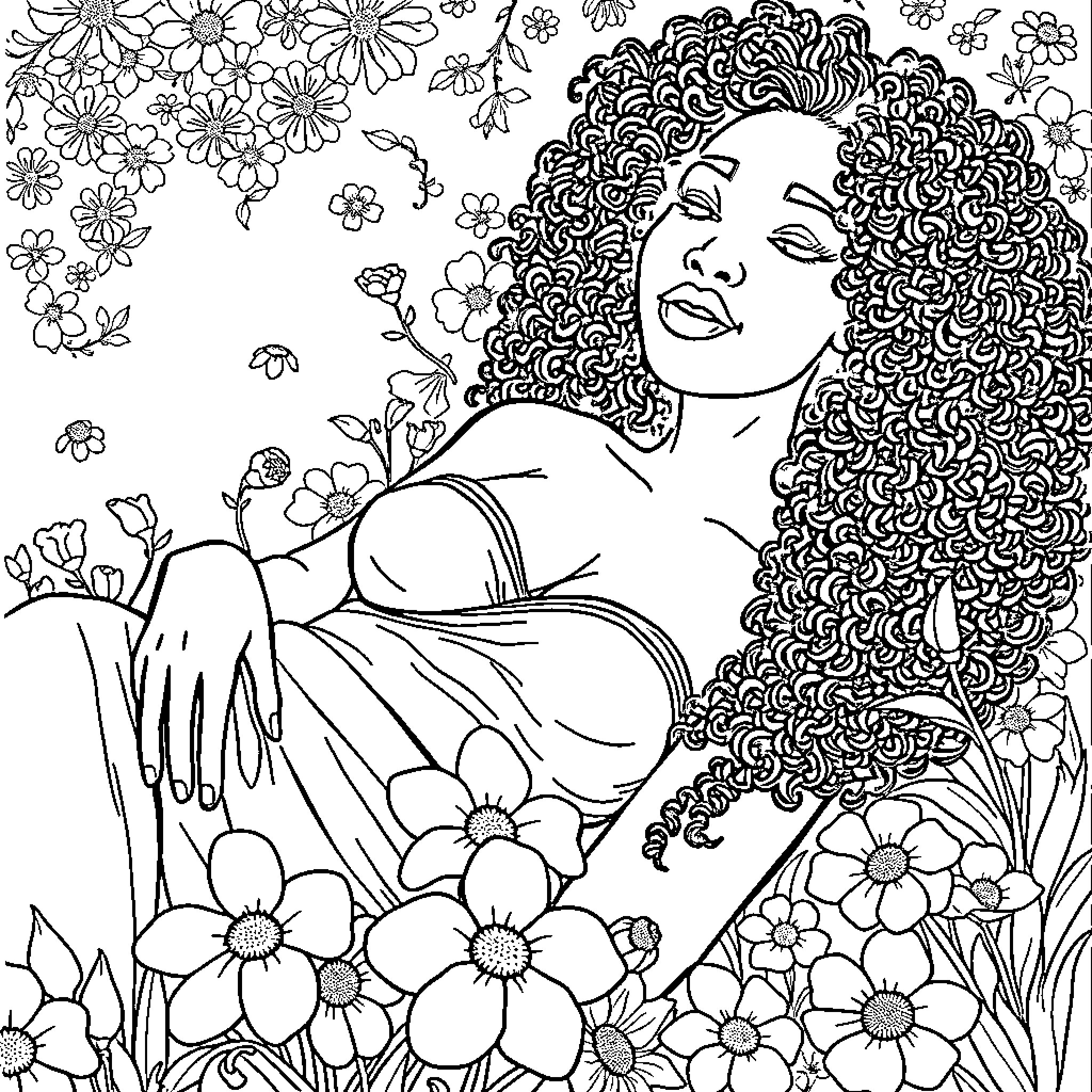 Woman embracing flowers in a floral field Coloring Page (free black-and-white line drawing printable PDF for all, from beginners to advanced learners, including children, teens, adults, and seniors)