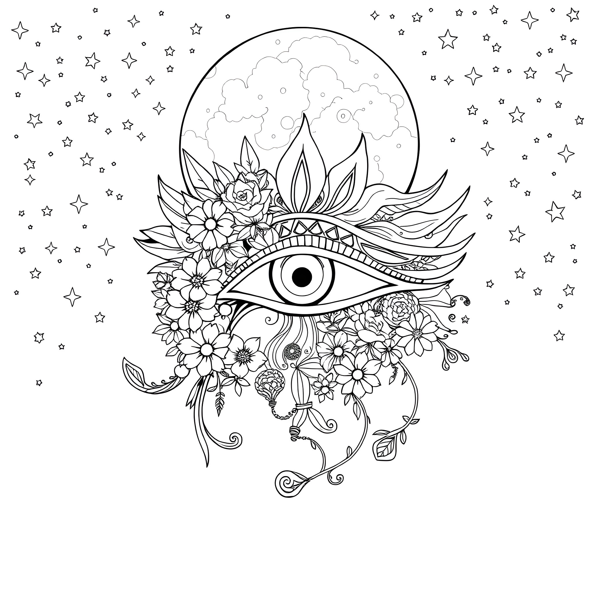 Eye of Horus surrounded by floral elements under the moon Coloring Page (free black-and-white line drawing printable PDF for all, from beginners to advanced learners, including children, teens, adults, and seniors)