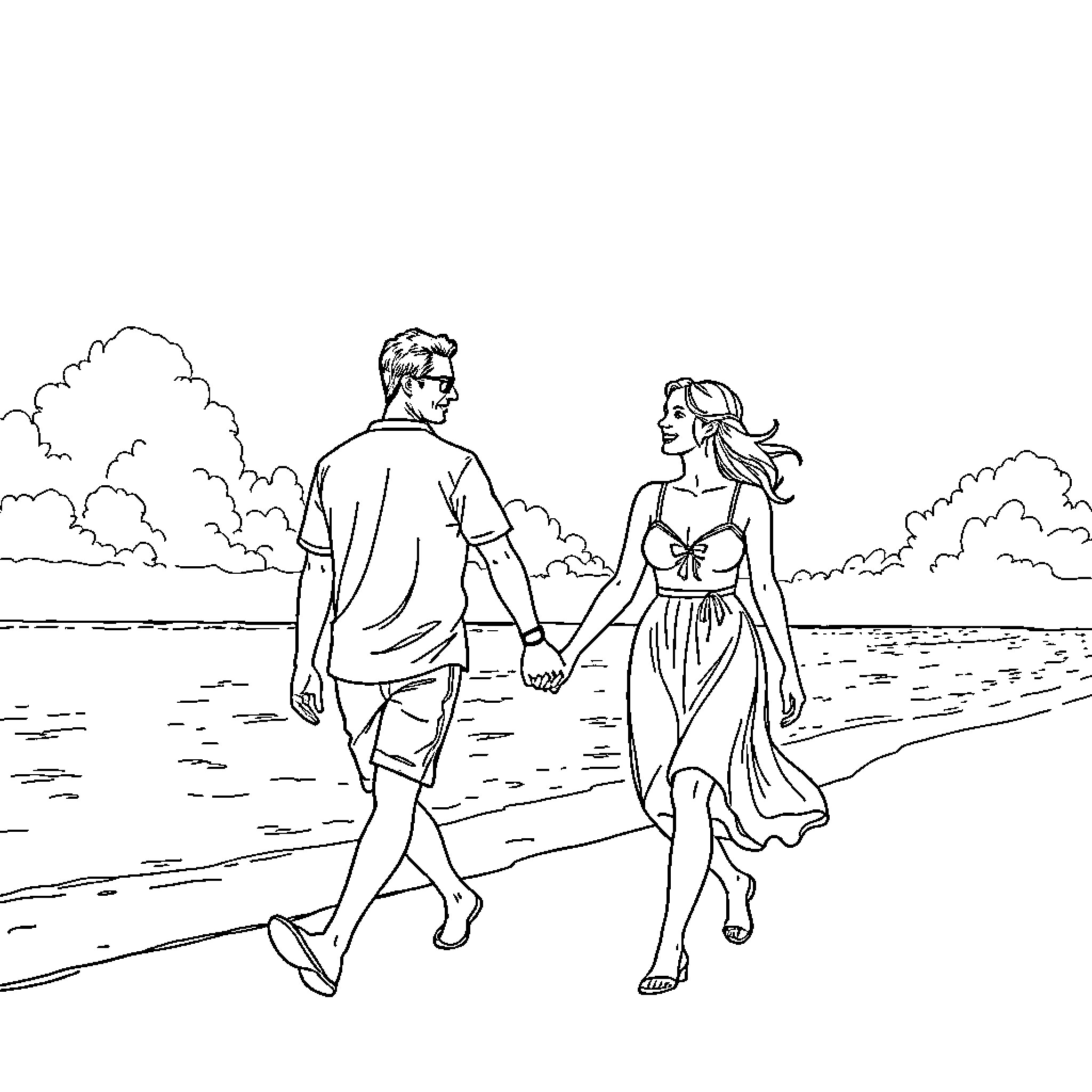 Man and Woman Walking on the Beach Coloring Page (free black-and-white line drawing printable PDF for all, from beginners to advanced learners, including children, teens, adults, and seniors)