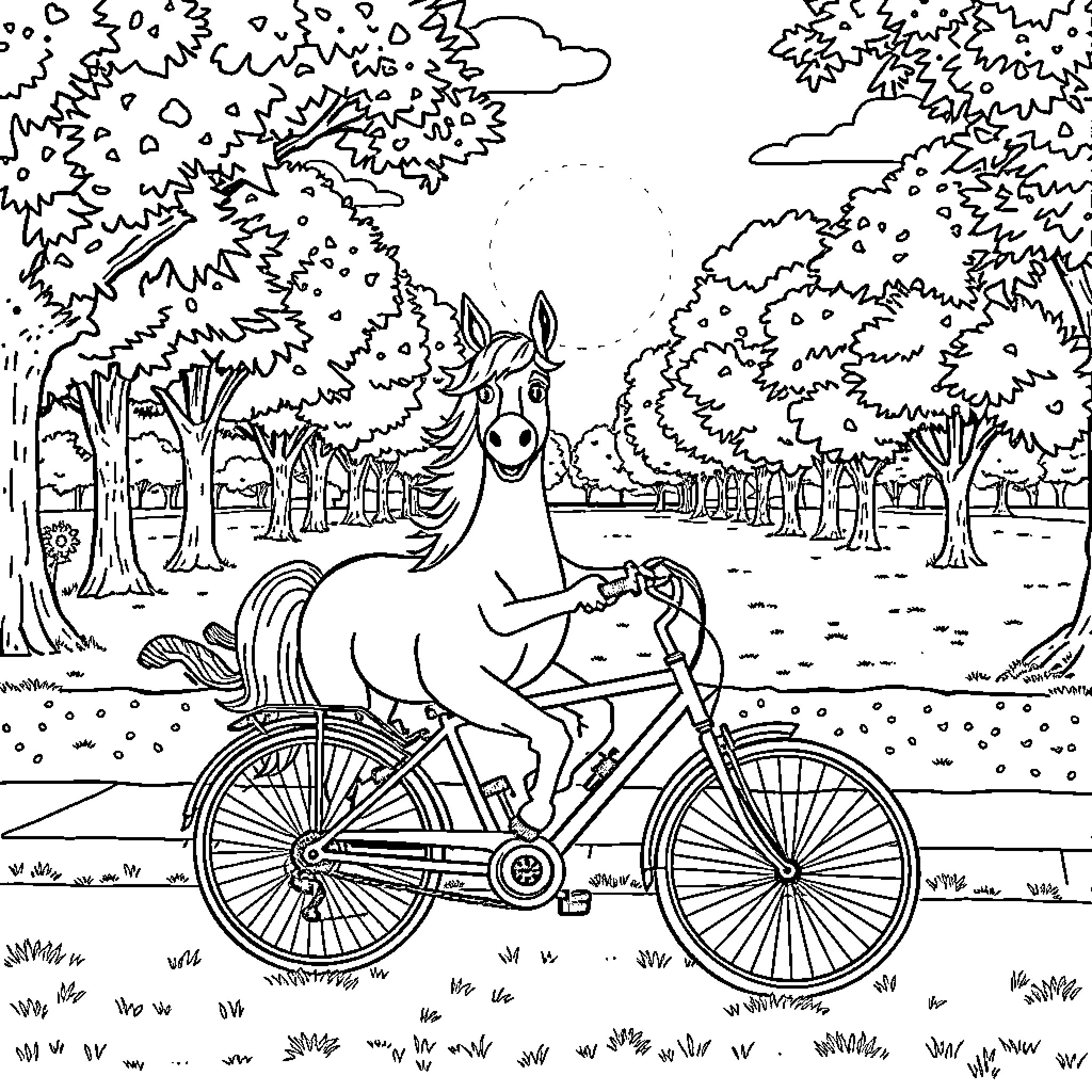 Donkey riding a bicycle through the forest Coloring Page (free black-and-white line drawing printable PDF for all, from beginners to advanced learners, including children, teens, adults, and seniors)