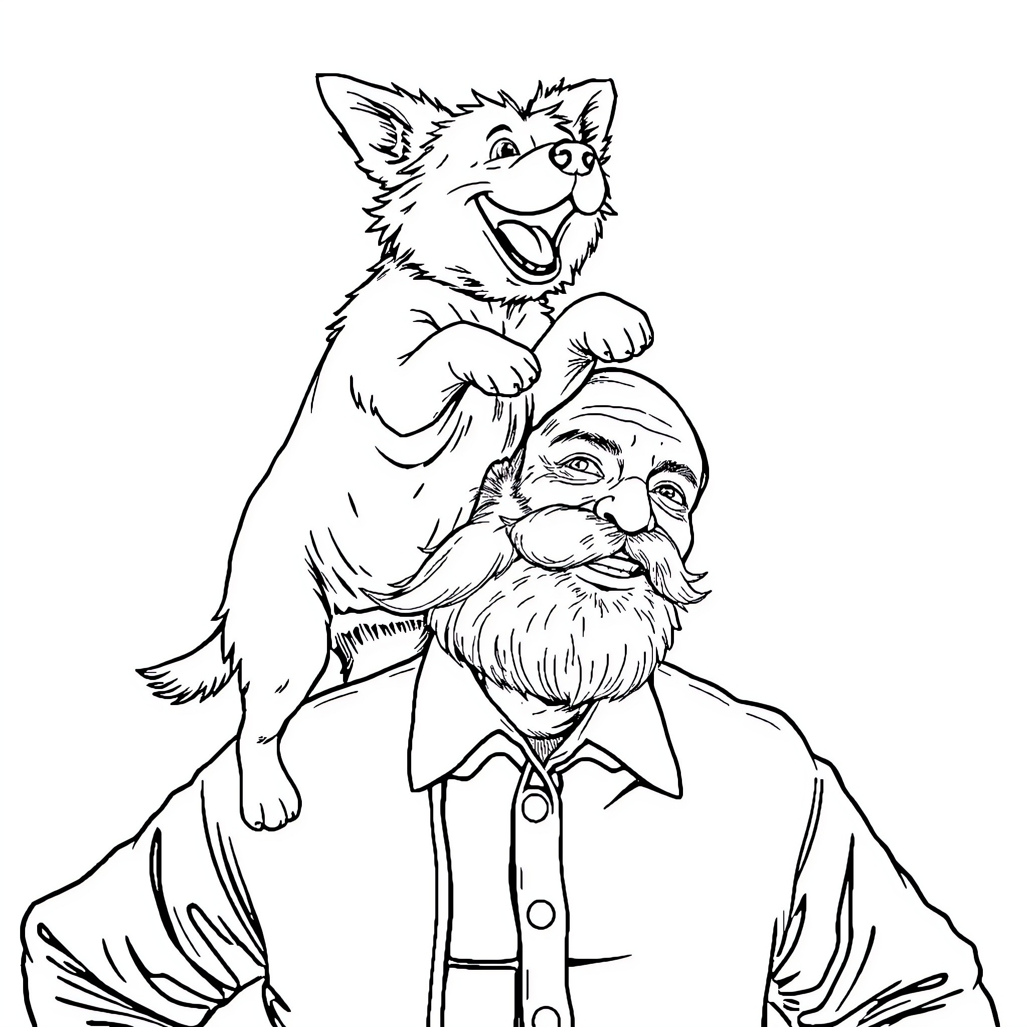 Dog playfully interacting with elderly man Coloring Page (free black-and-white line drawing printable PDF for all, from beginners to advanced learners, including children, teens, adults, and seniors)