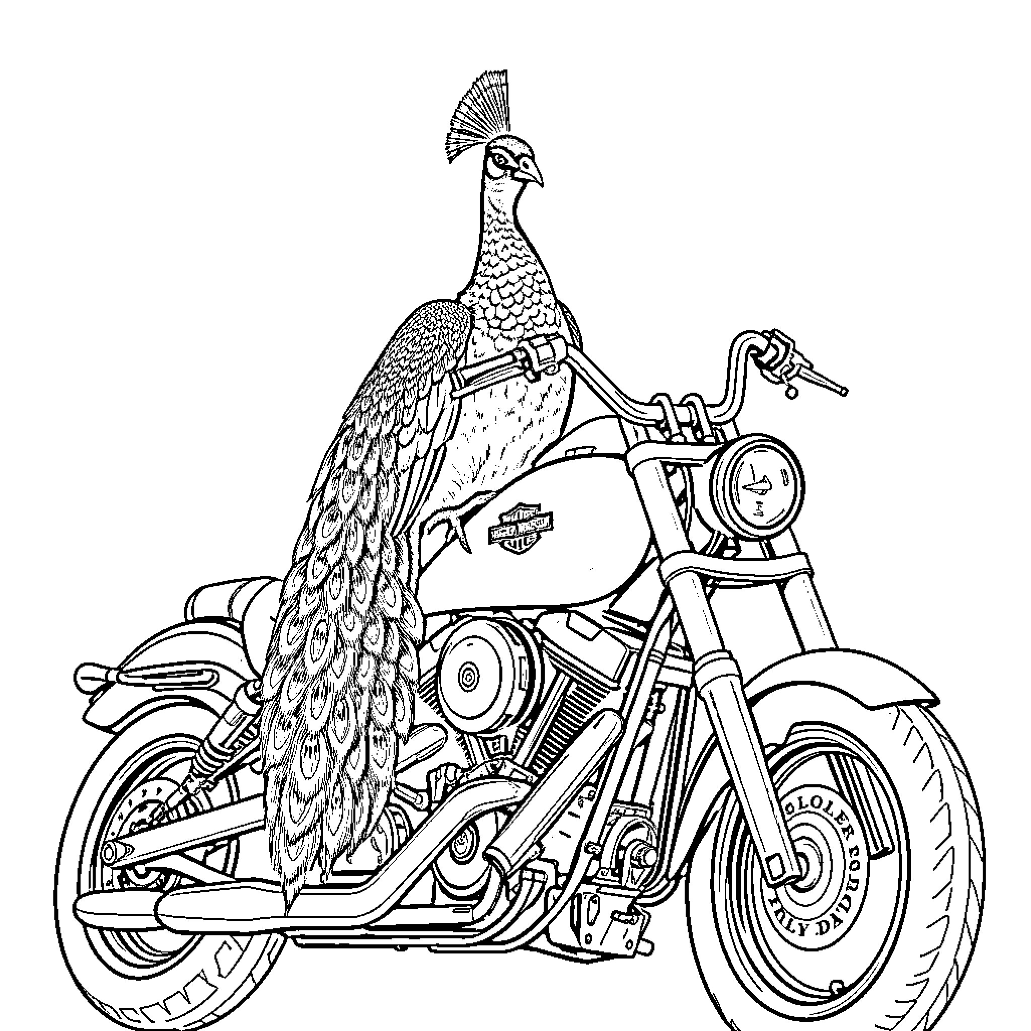 Peacock riding a vintage motorcycle Coloring Page (free black-and-white line drawing printable PDF for all, from beginners to advanced learners, including children, teens, adults, and seniors)