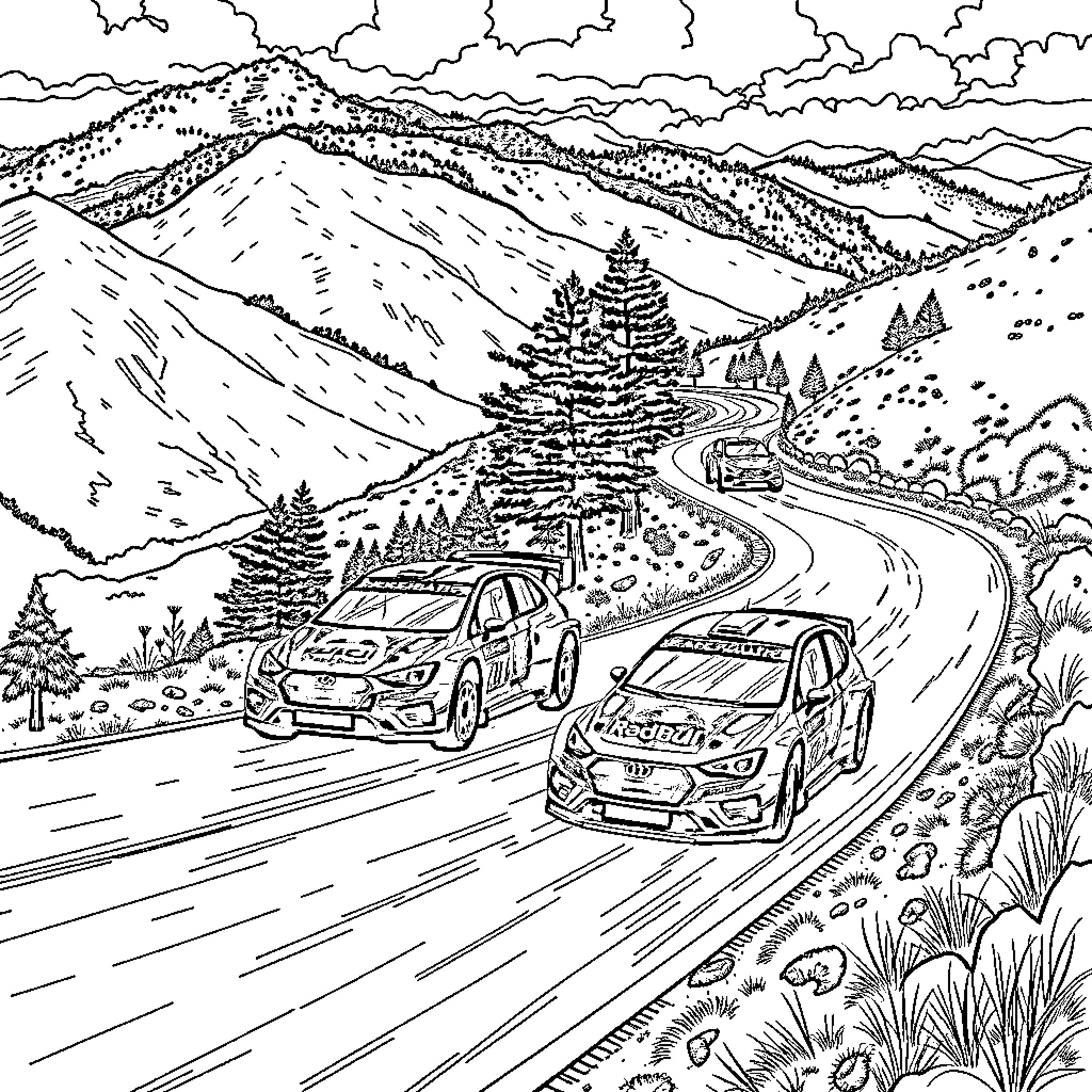 Wrc cars racing through mountain landscape Coloring Page (free black-and-white line drawing printable PDF for all, from beginners to advanced learners, including children, teens, adults, and seniors)