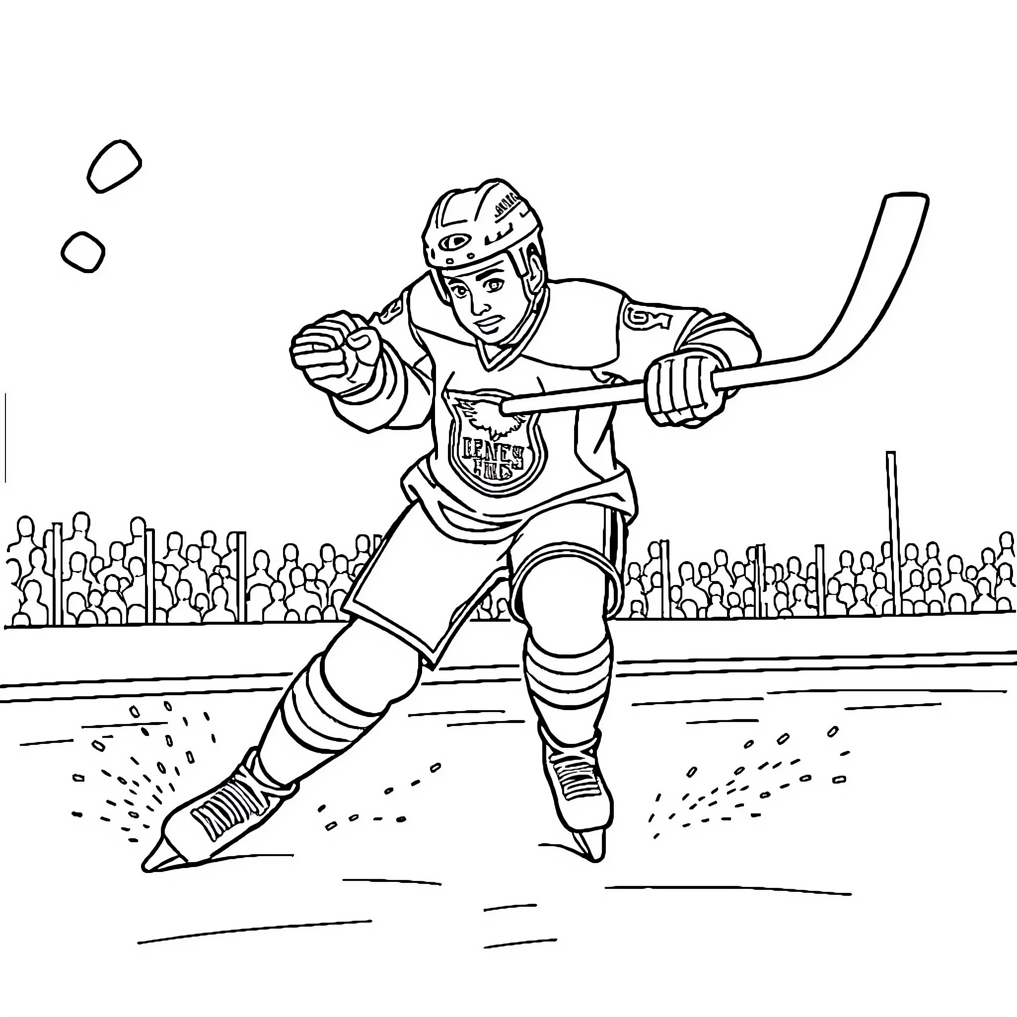 Auston Matthews playing hockey on the ice rink Coloring Page (free black-and-white line drawing printable PDF for all, from beginners to advanced learners, including children, teens, adults, and seniors)
