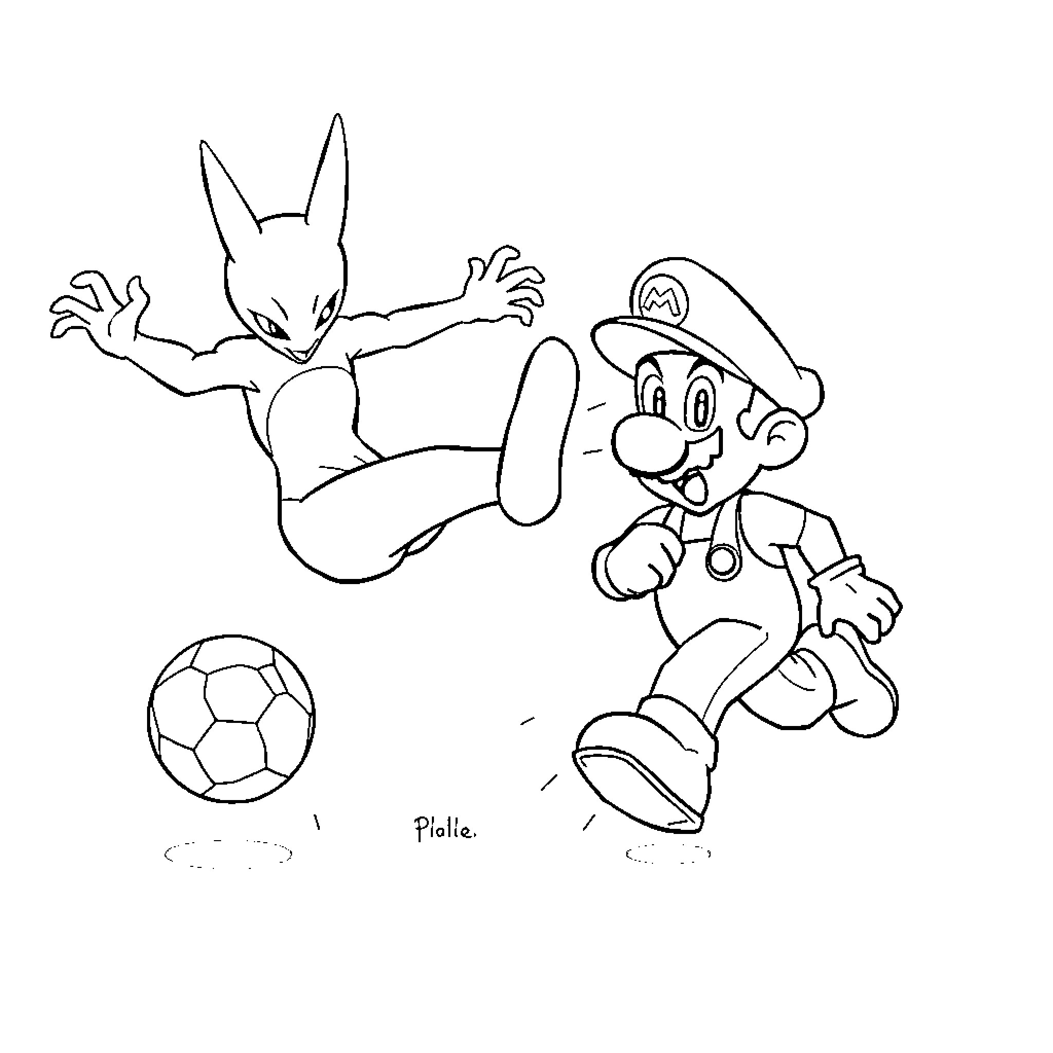 Mewtwo playing soccer with Mario Coloring Page (free black-and-white line drawing printable PDF for all, from beginners to advanced learners, including children, teens, adults, and seniors)