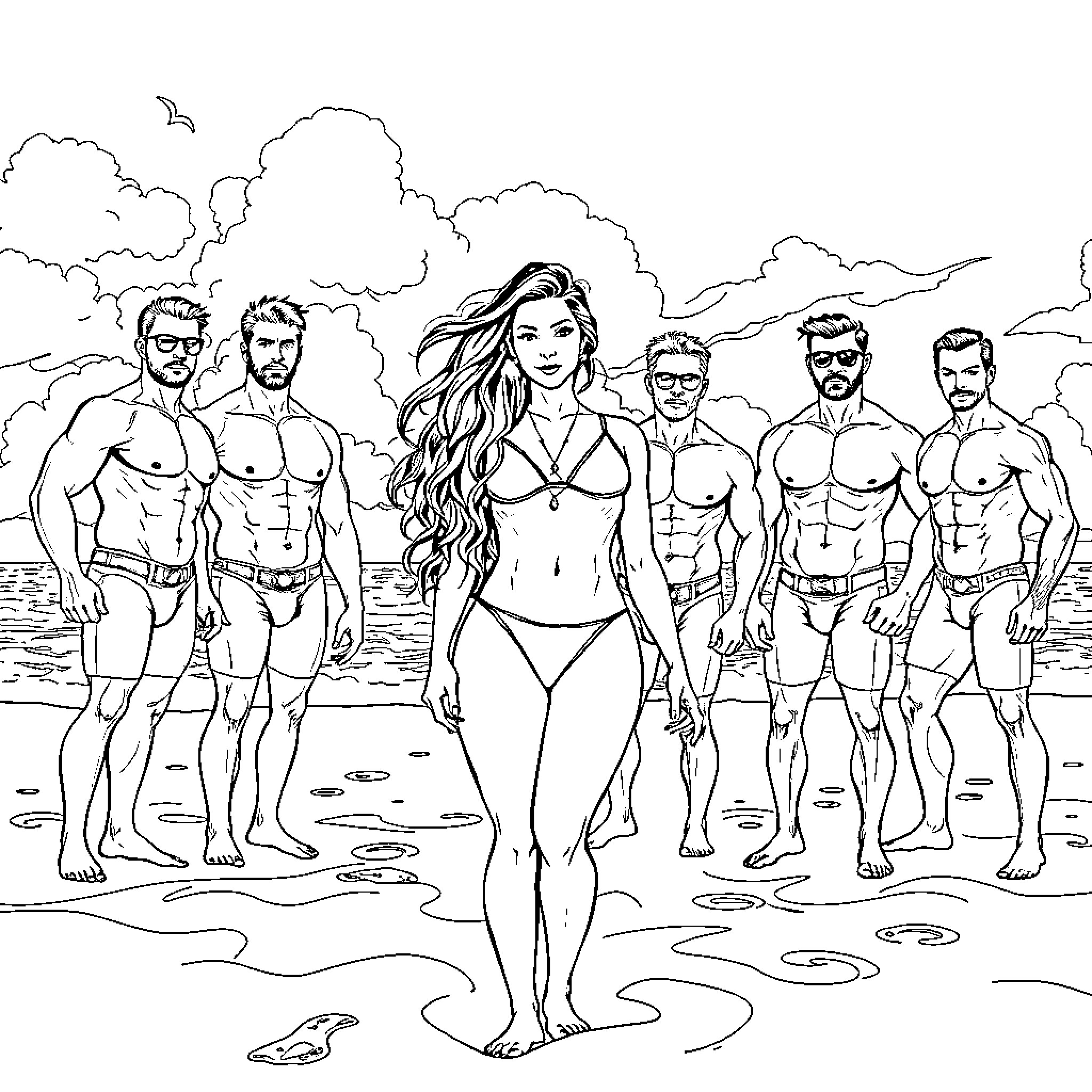Woman surrounded by muscular male companions on the beach Coloring Page (free black-and-white line drawing printable PDF for all, from beginners to advanced learners, including children, teens, adults, and seniors)