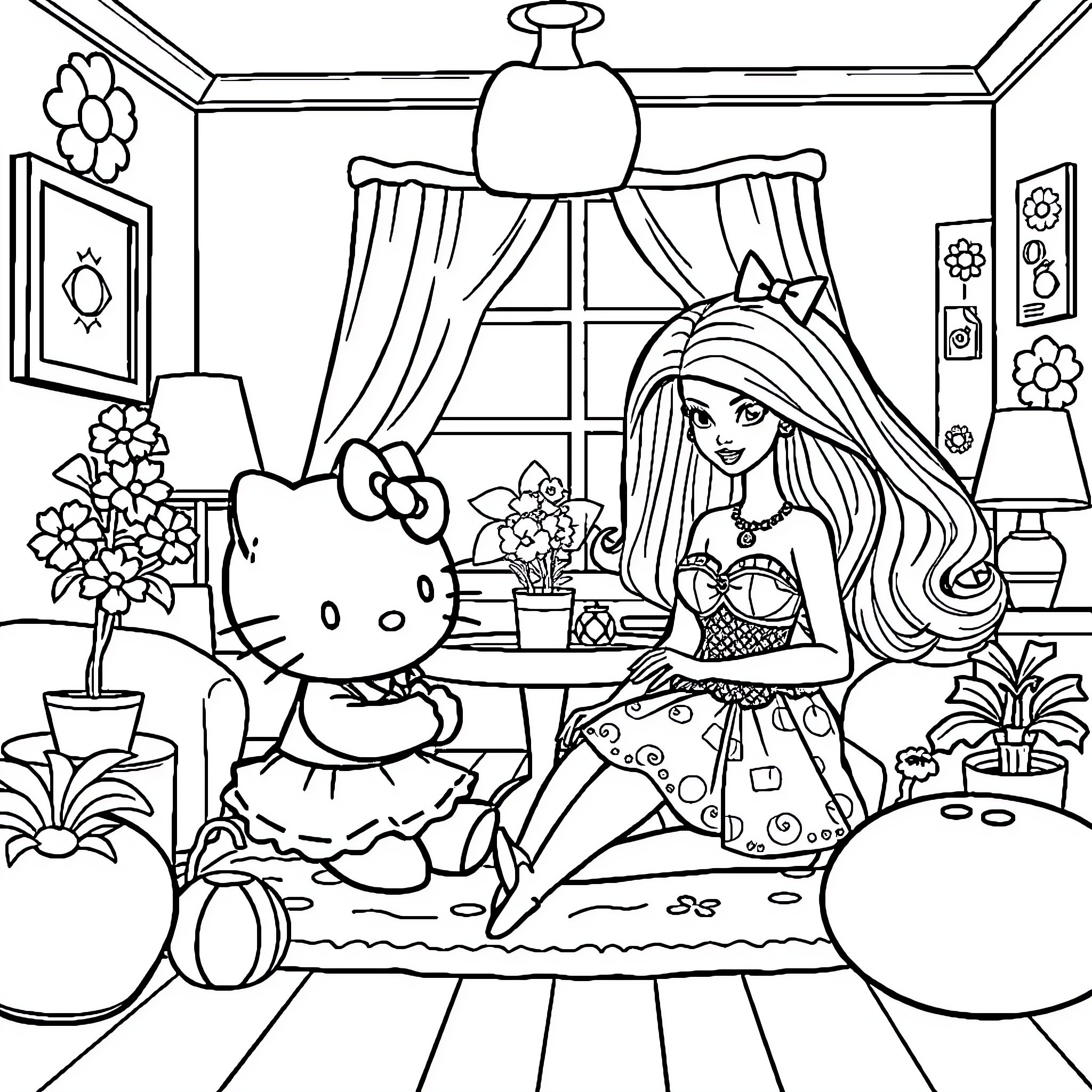 Hello Kitty and Her Friend Enjoying a Cozy Day Coloring Page (free black-and-white line drawing printable PDF for all, from beginners to advanced learners, including children, teens, adults, and seniors)