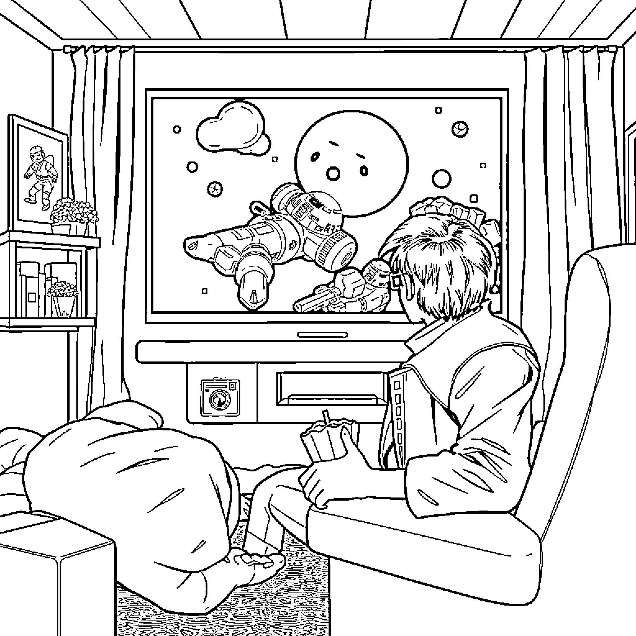 Han Solo enjoying a movie night at home Coloring Page (free black-and-white line drawing printable PDF for all, from beginners to advanced learners, including children, teens, adults, and seniors)
