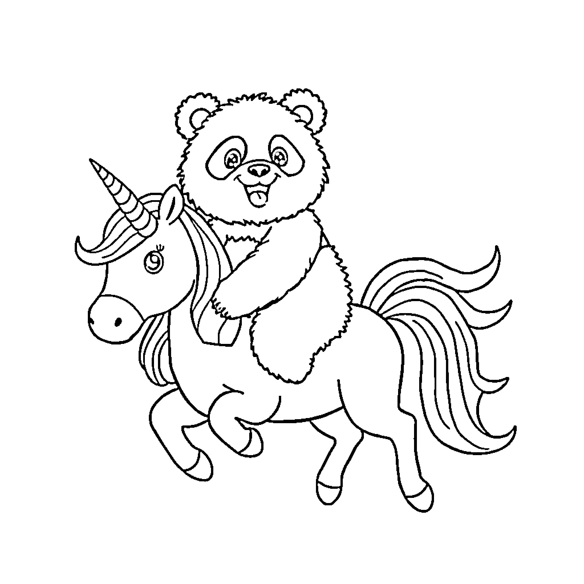 Panda riding a colorful unicorn Coloring Page (free black-and-white line drawing printable PDF for all, from beginners to advanced learners, including children, teens, adults, and seniors)
