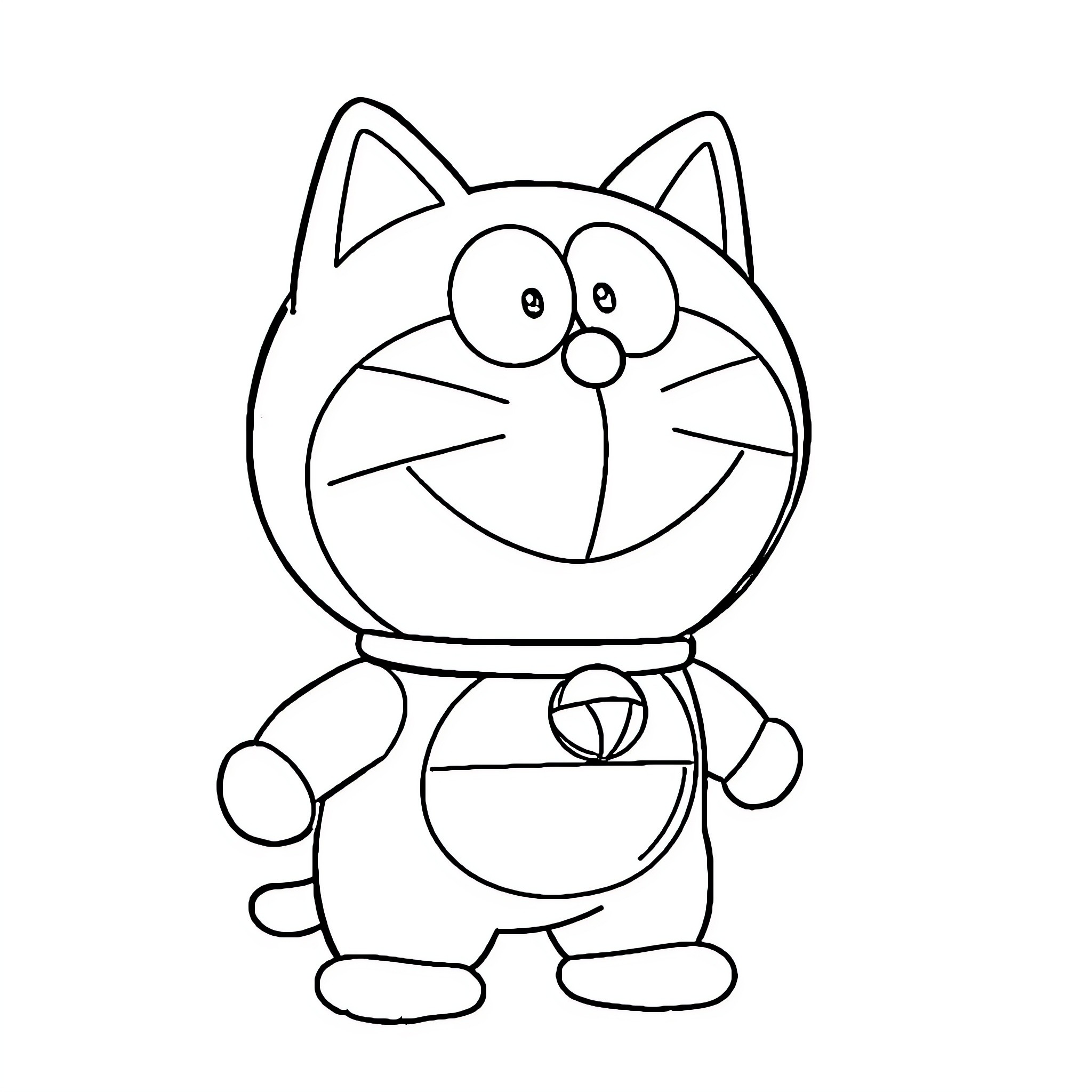 Doraemon showing his cheerful expression Coloring Page (free black-and-white line drawing printable PDF for all, from beginners to advanced learners, including children, teens, adults, and seniors)