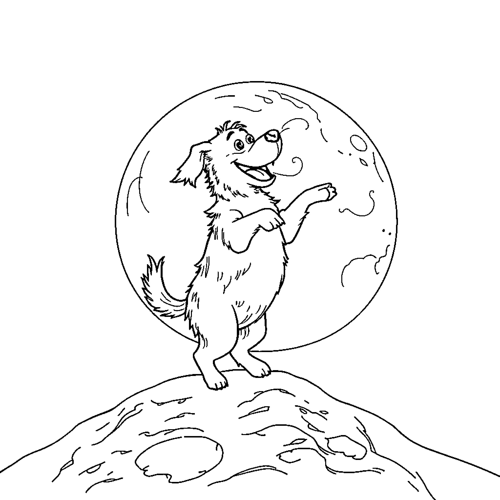 Dog howling at the moon on a starry night Coloring Page (free black-and-white line drawing printable PDF for all, from beginners to advanced learners, including children, teens, adults, and seniors)