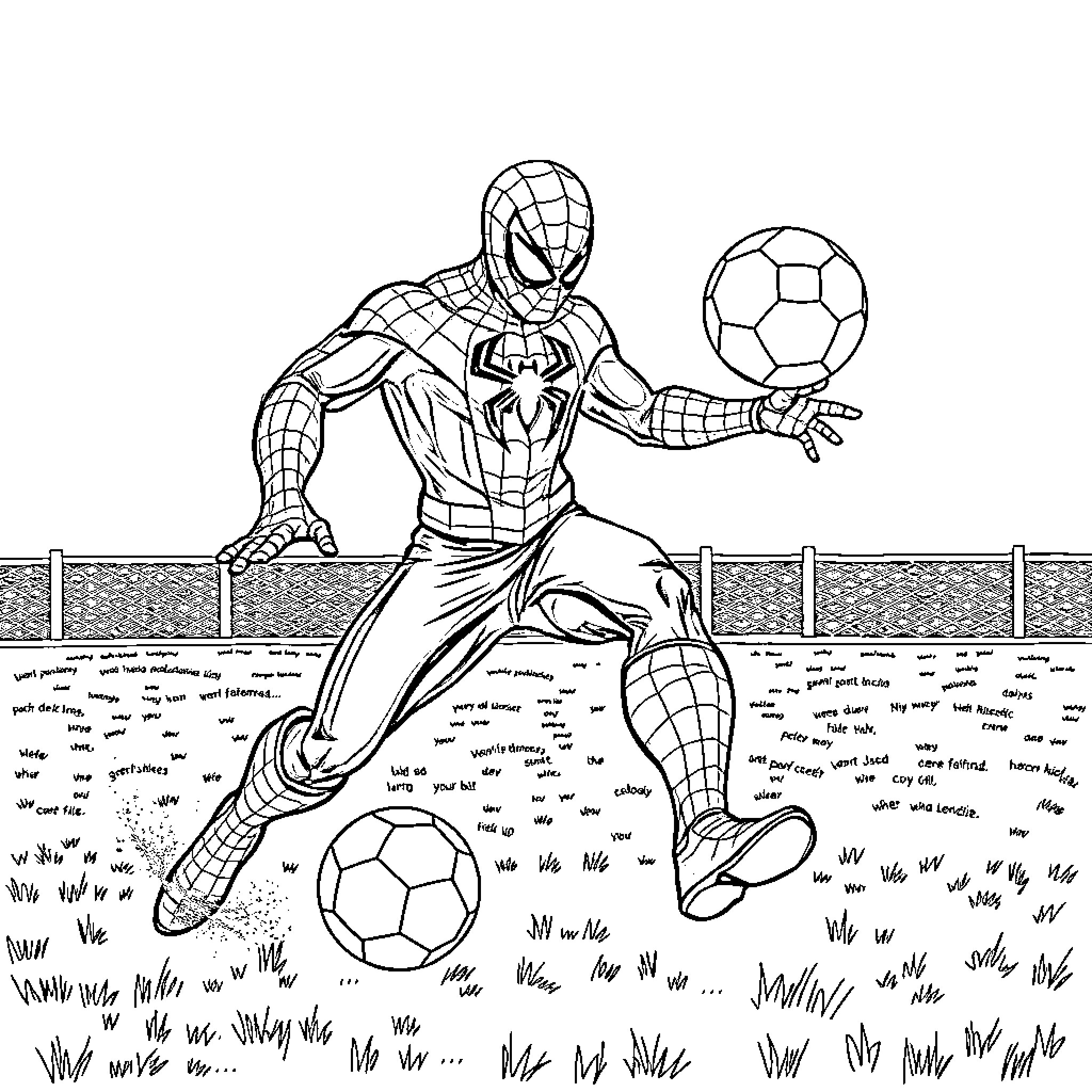 Spiderman juggling soccer balls on the field Coloring Page (free black-and-white line drawing printable PDF for all, from beginners to advanced learners, including children, teens, adults, and seniors)
