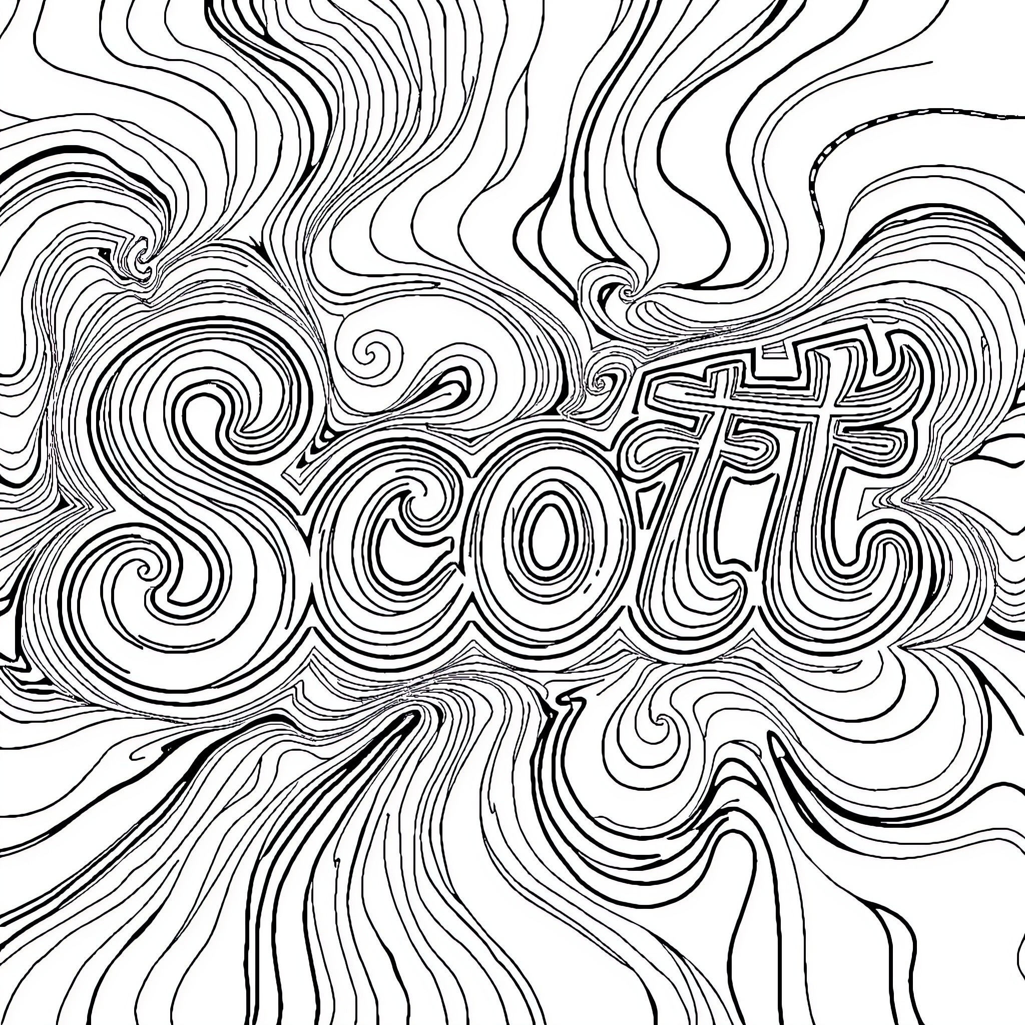 Scott's Psychedelic Adventure Coloring Page (free black-and-white line drawing printable PDF for all, from beginners to advanced learners, including children, teens, adults, and seniors)